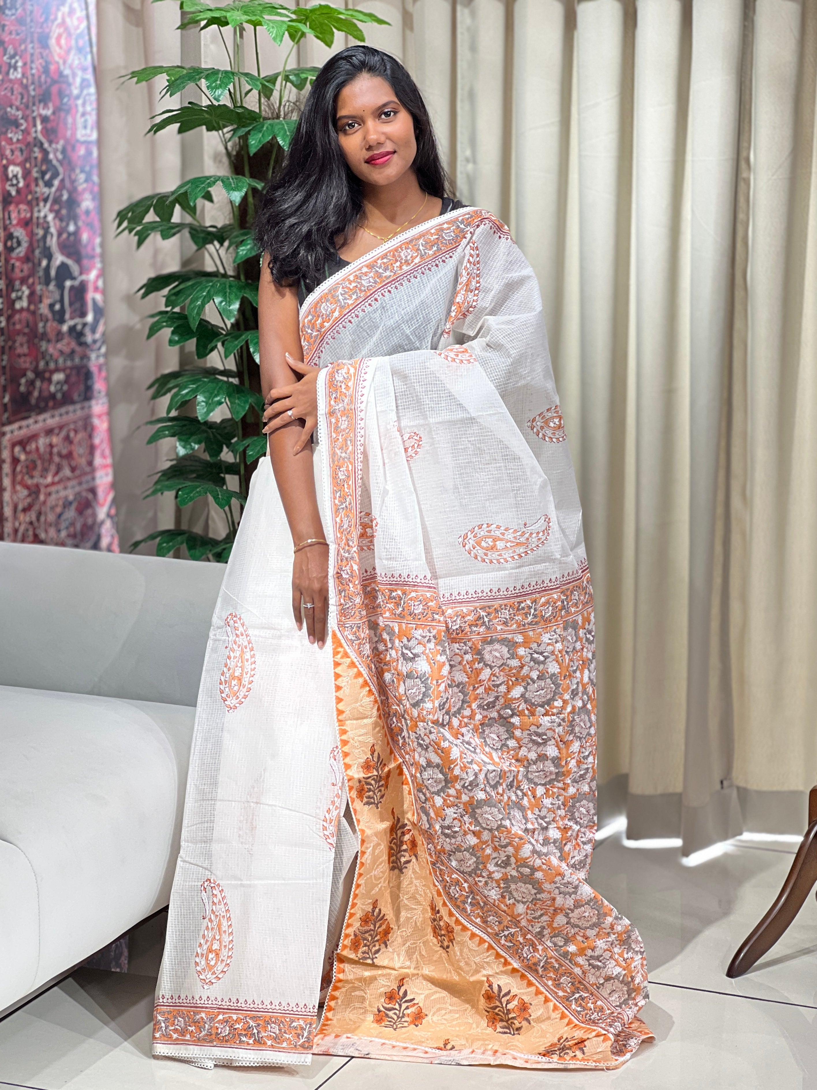 Paisley Printed Muga Check Organza Saree | PF1222