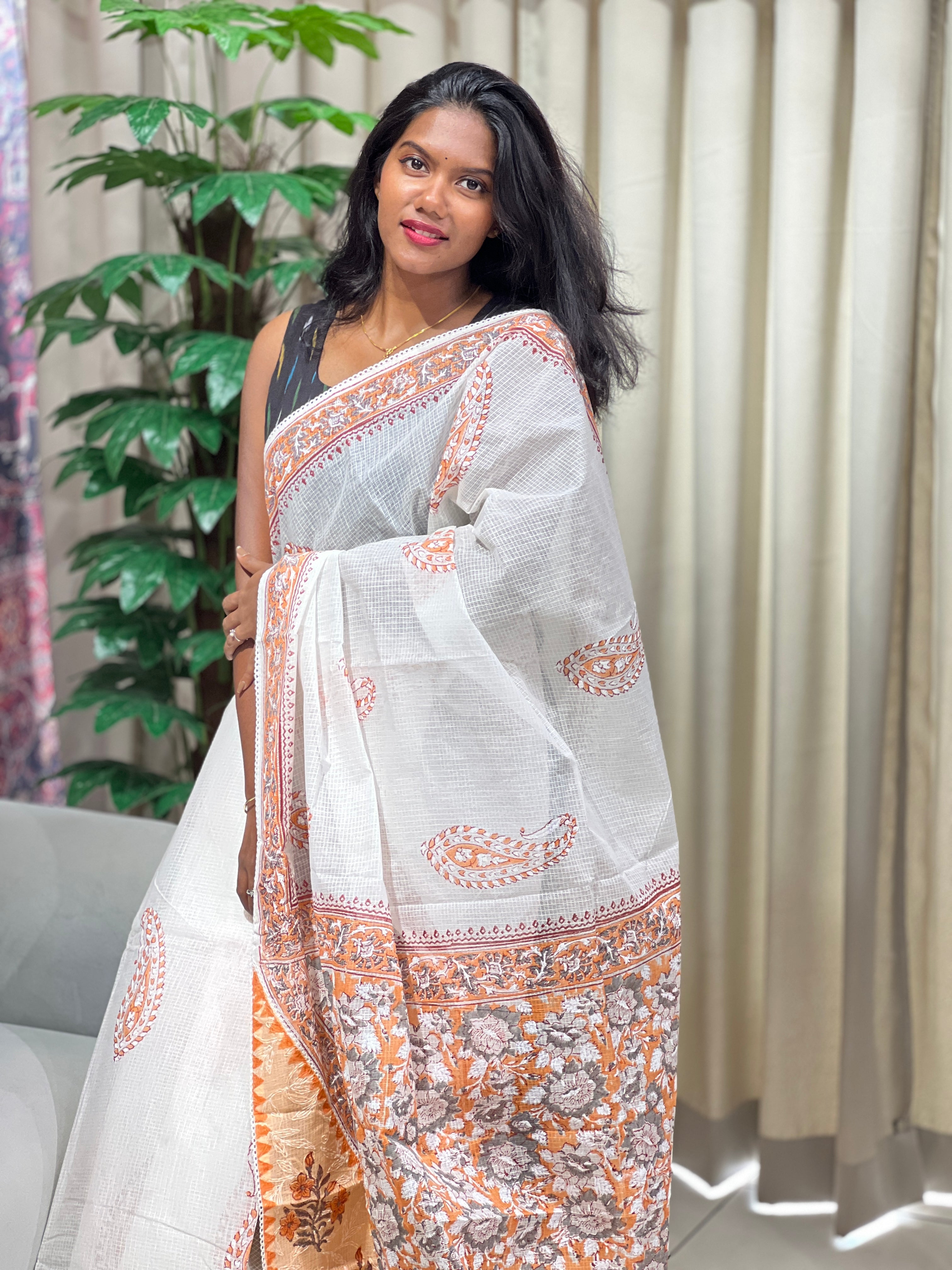 Paisley Printed Muga Check Organza Saree | PF1222