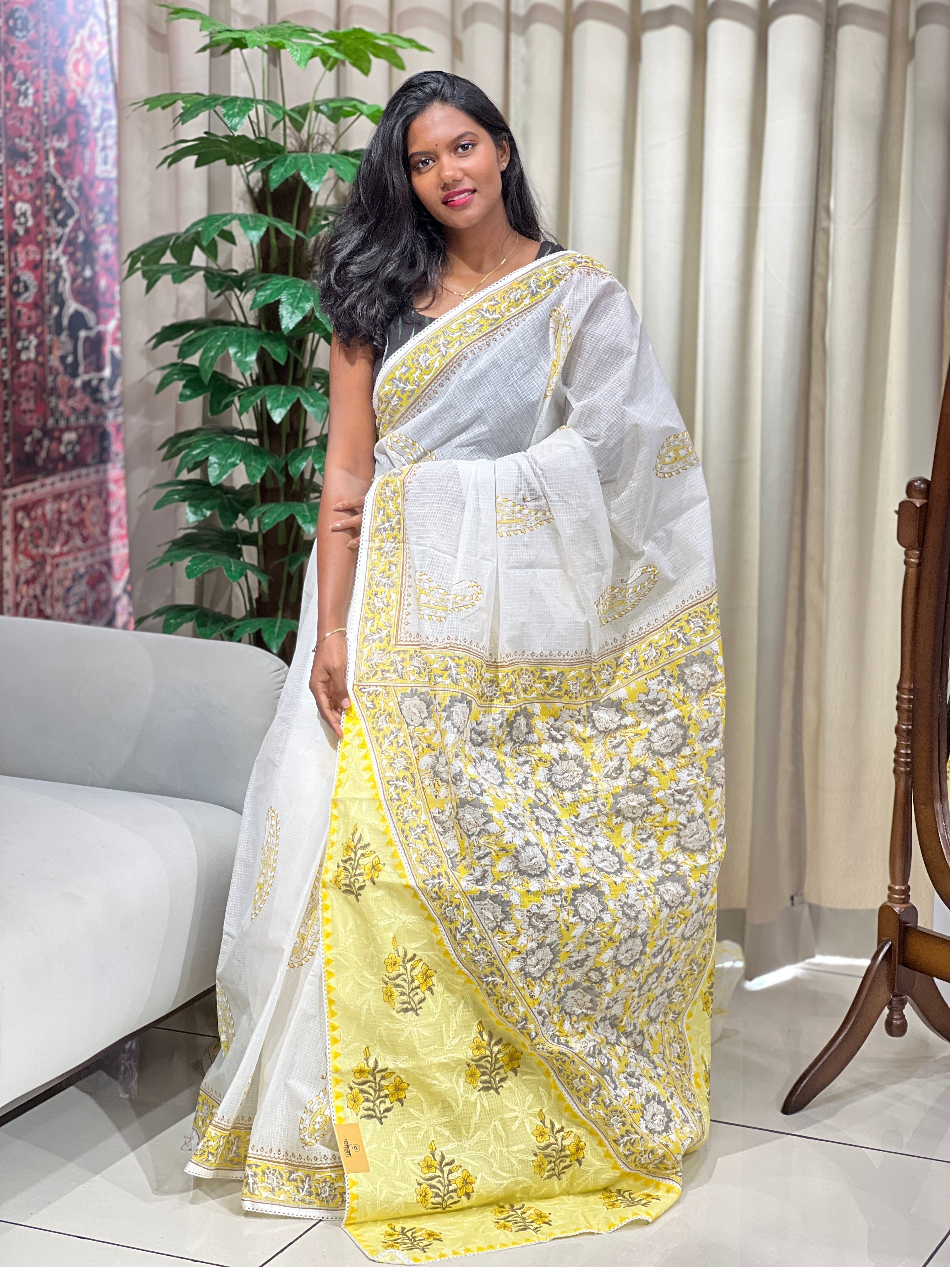 Paisley Printed Muga Check Organza Saree | PF1221