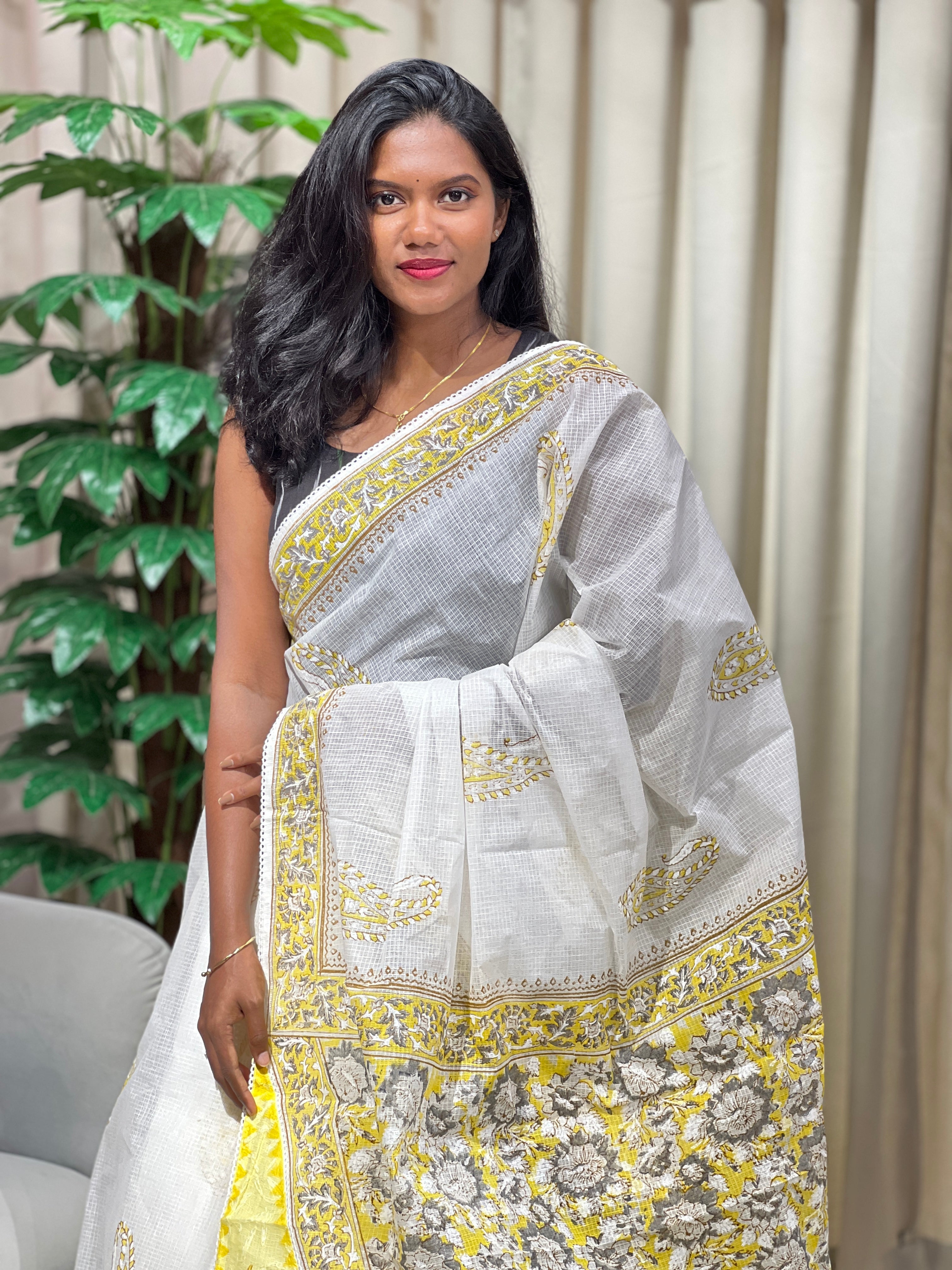 Paisley Printed Muga Check Organza Saree | PF1221