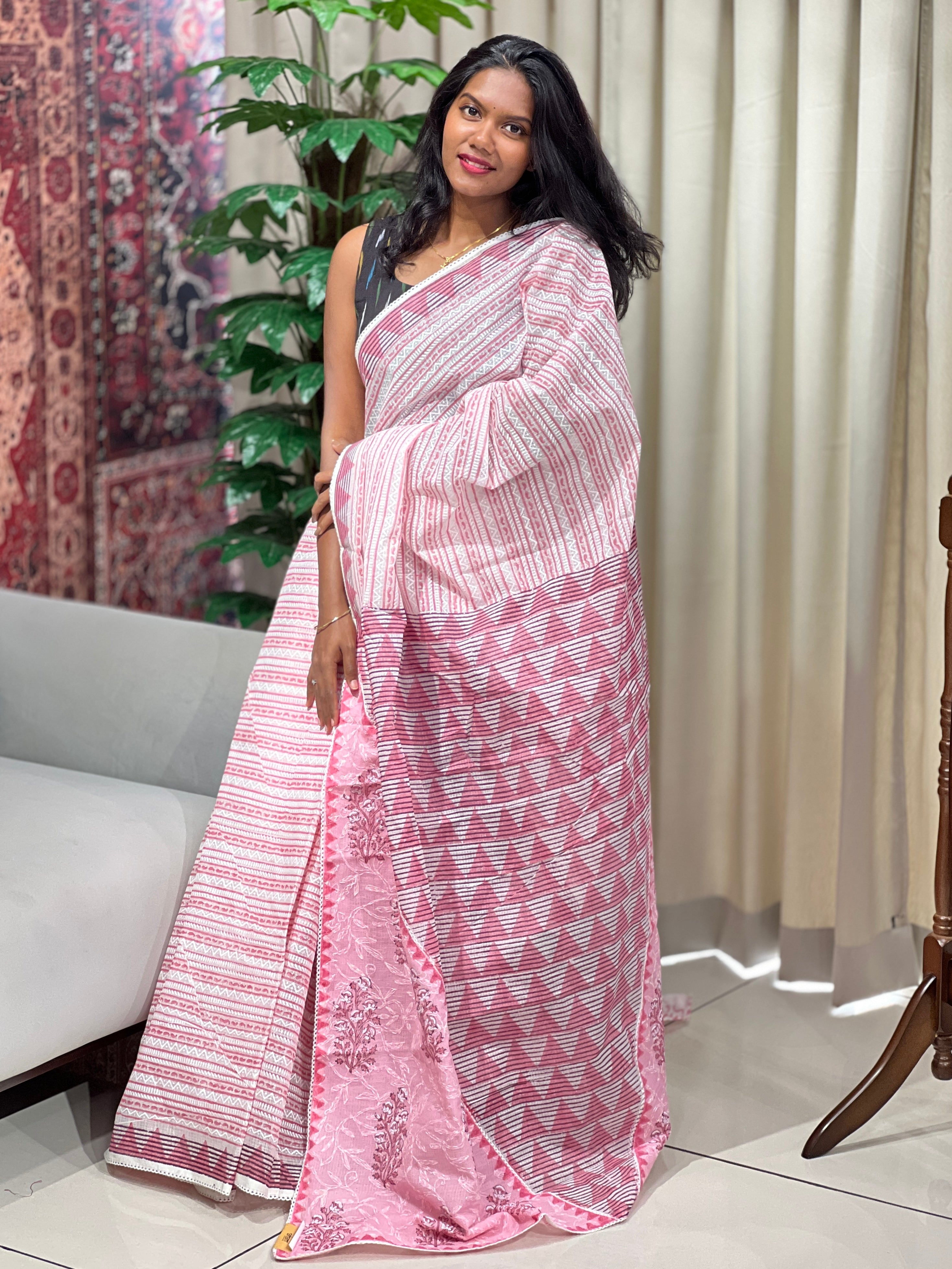 Block Printed Muga Check Organza Saree | PF1214