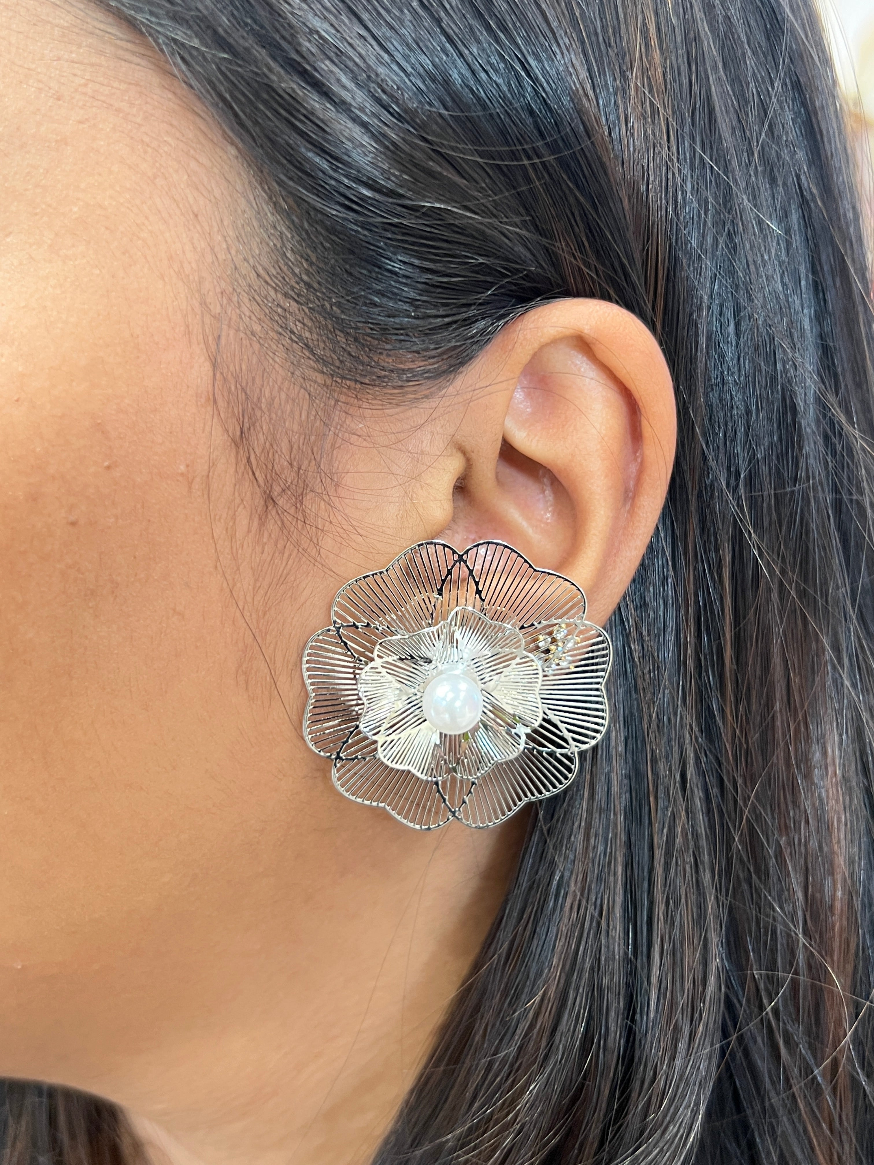 Silver Bloom Pearl Statement Earrings | JE168