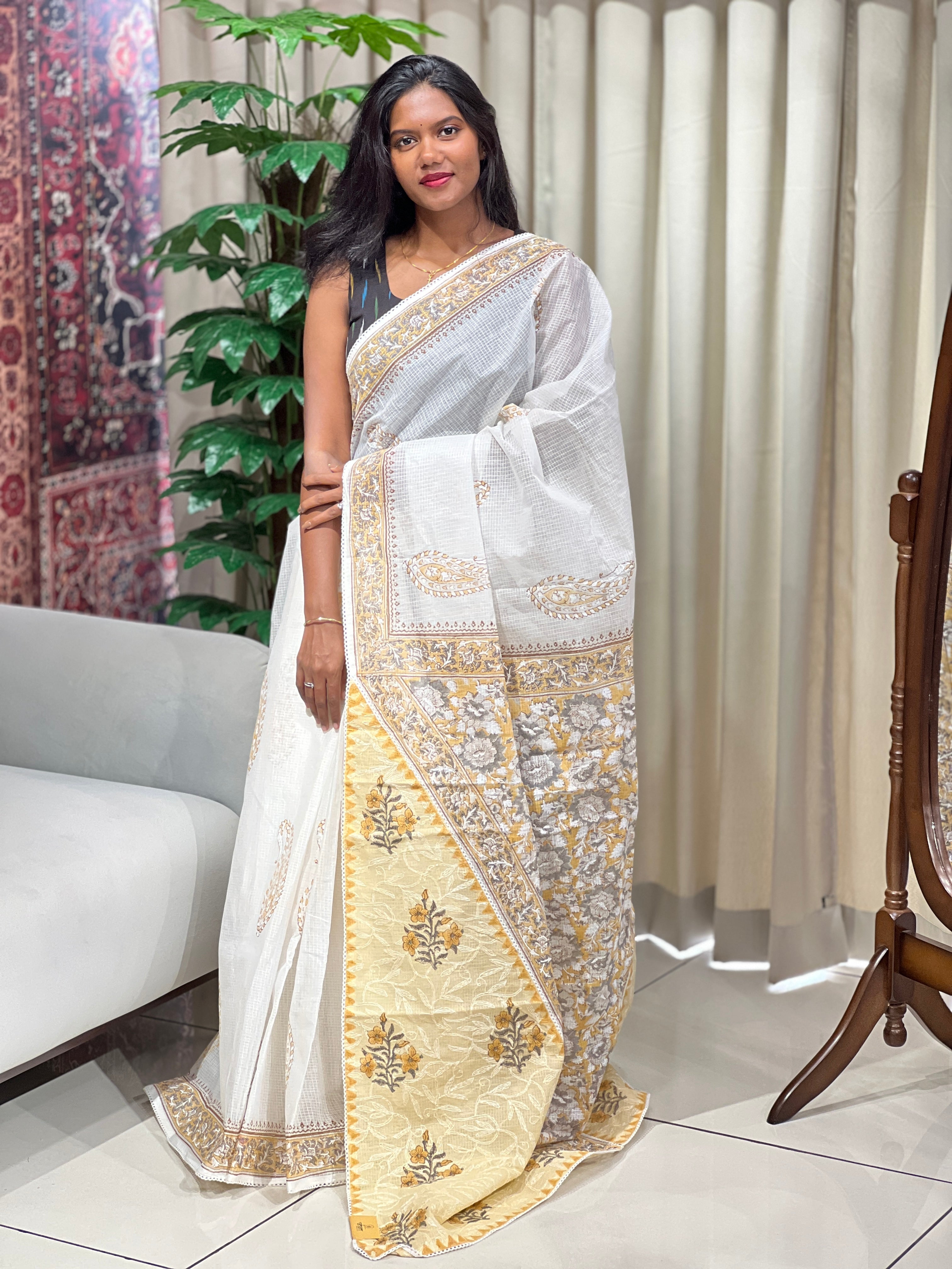Paisley Printed Muga Check Organza Saree | PF1219