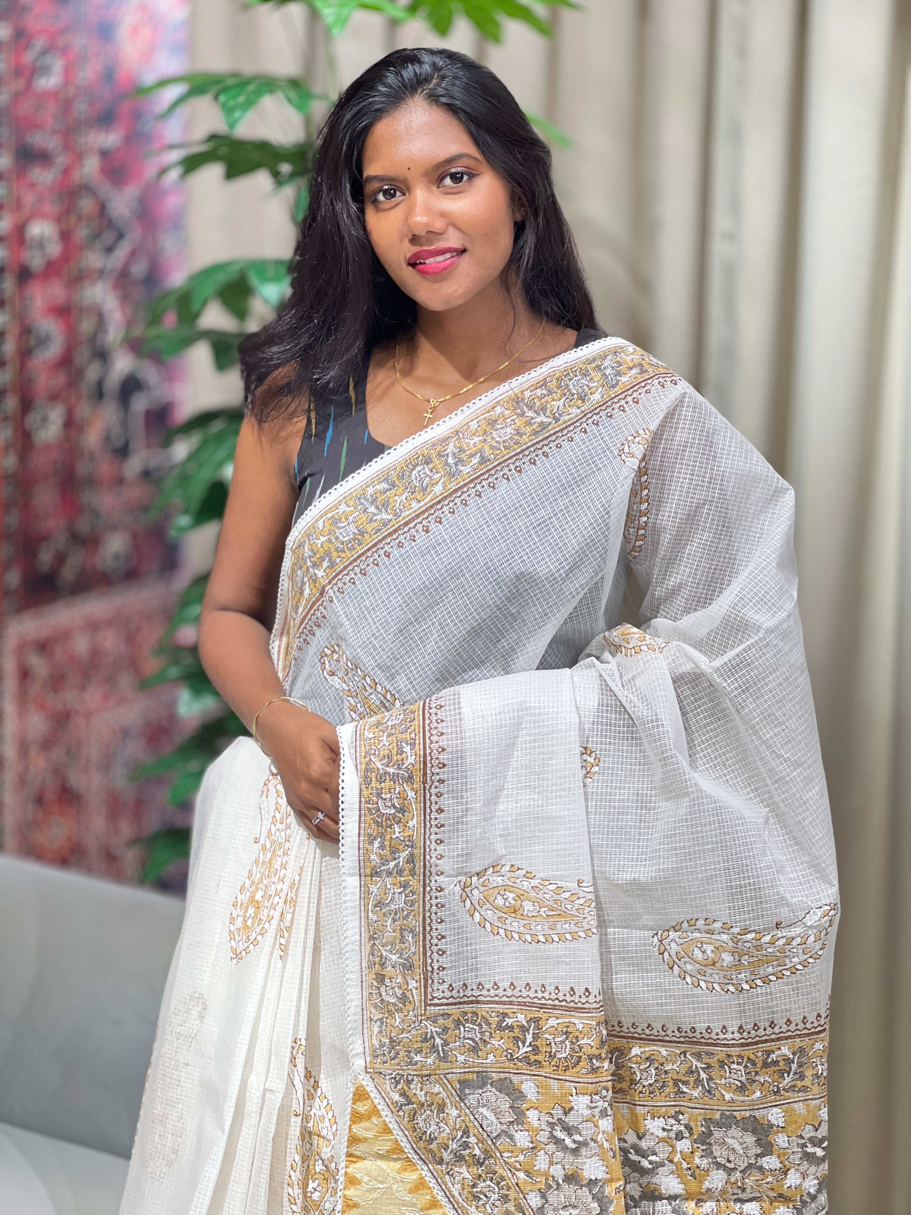 Paisley Printed Muga Check Organza Saree | PF1219