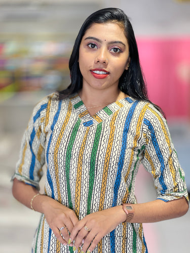 Stripe & Zigzag Patterned Cotton Kurta | RMLA108