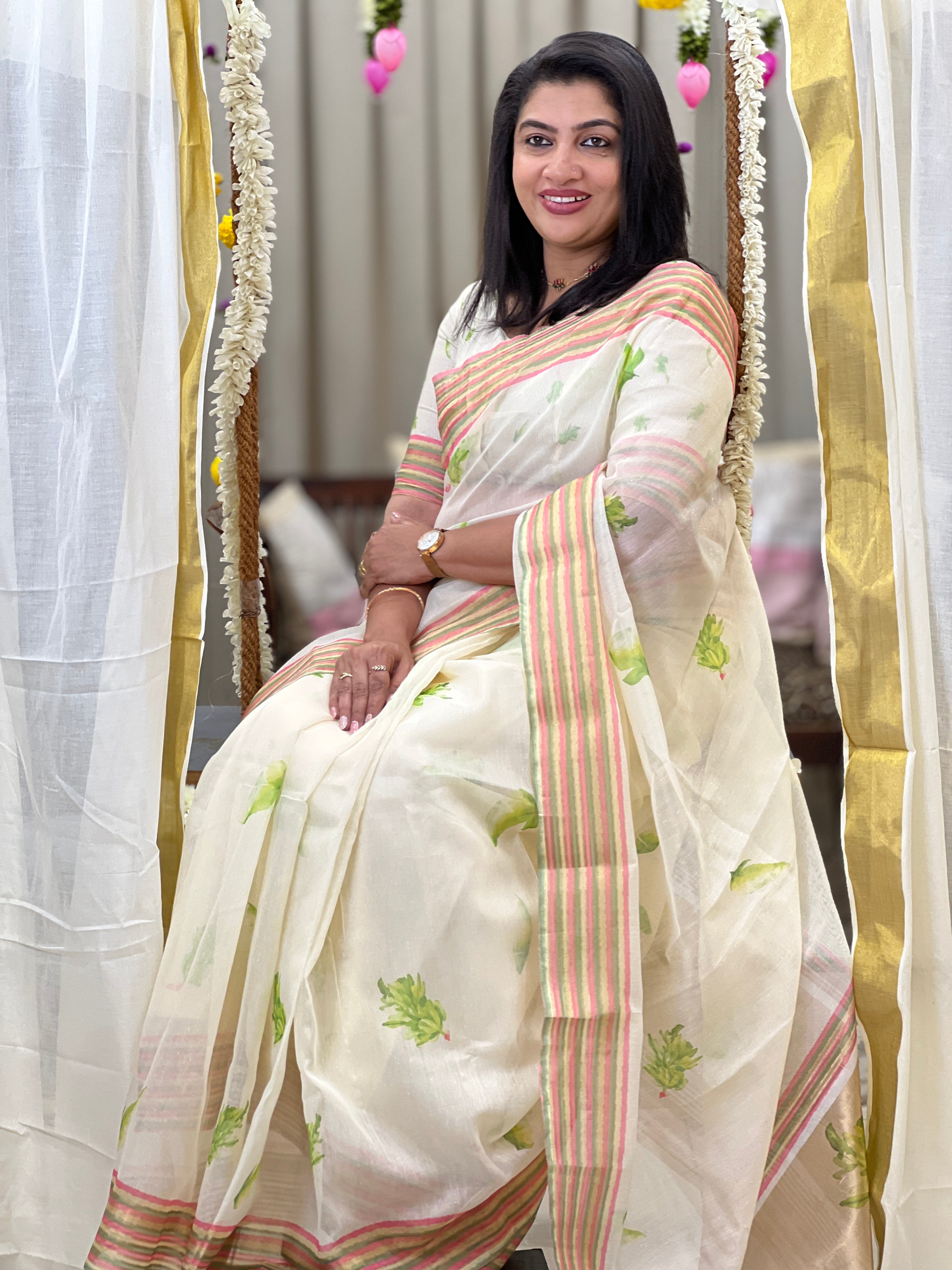 Digital Printed Pattern Mul Chanderi Saree |  HT497