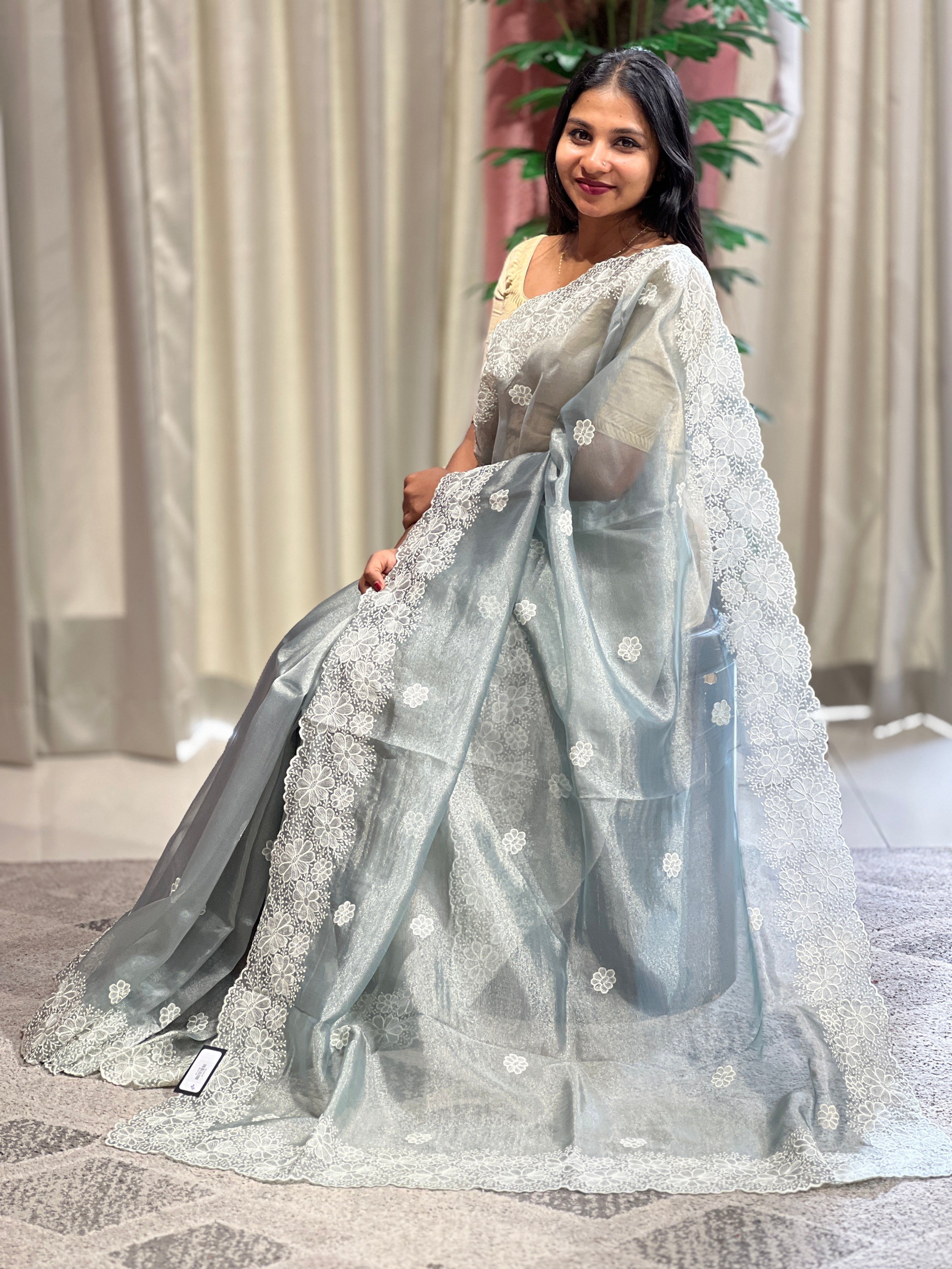 Machine Embroidery Tissue Organza Saree | BLD1146