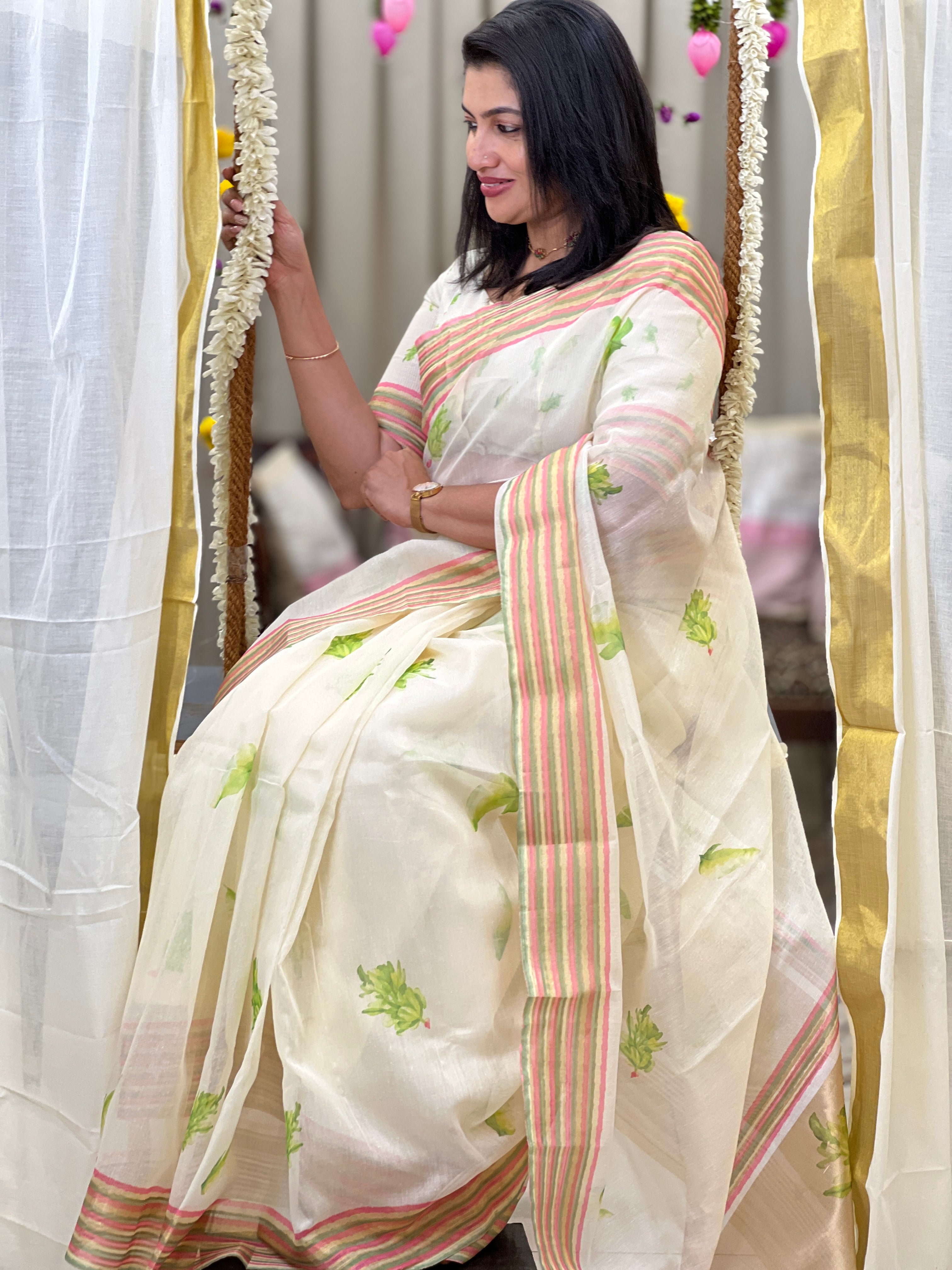 Digital Printed Pattern Mul Chanderi Saree |  HT497