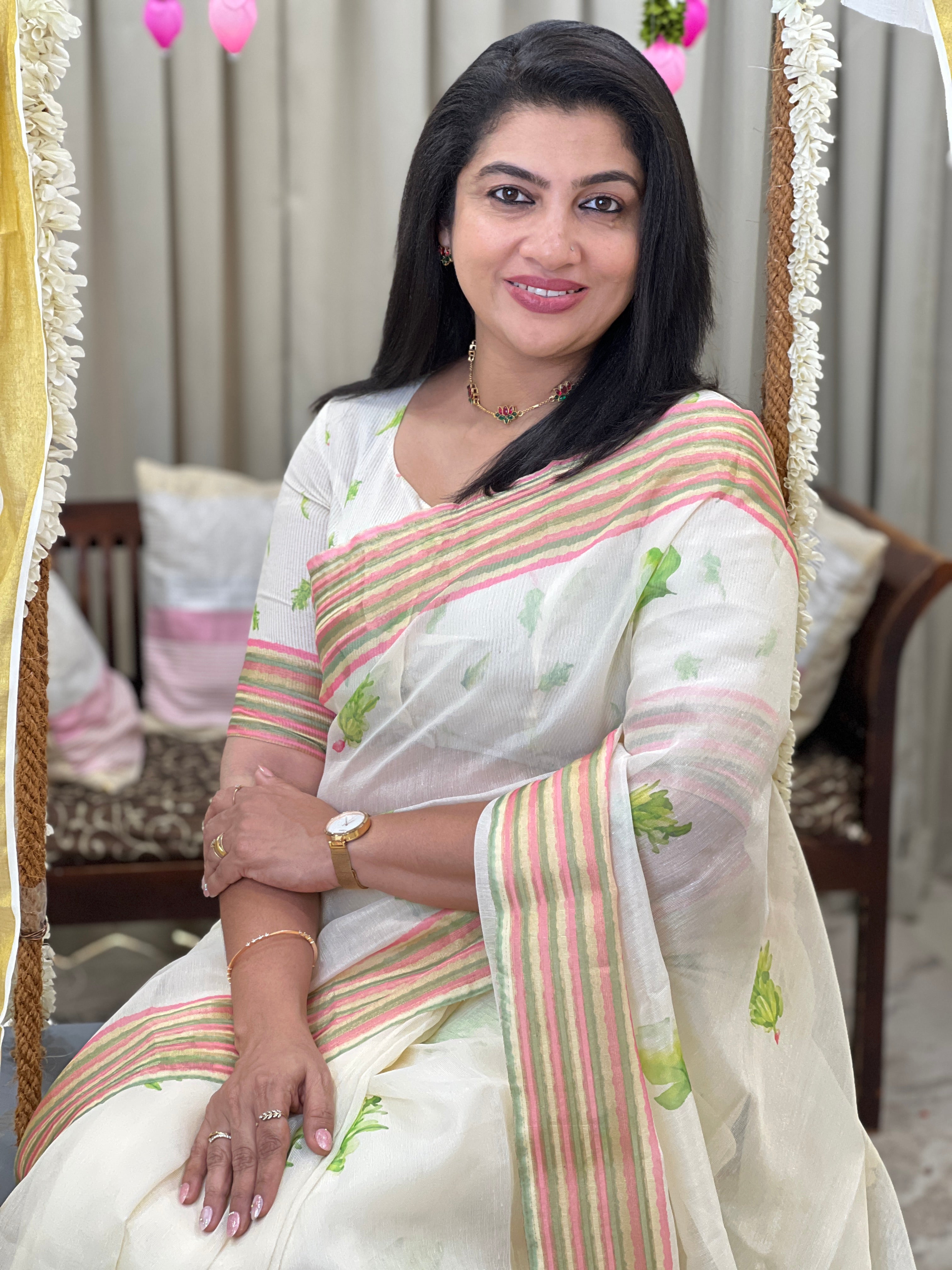 Digital Printed Pattern Mul Chanderi Saree |  HT497