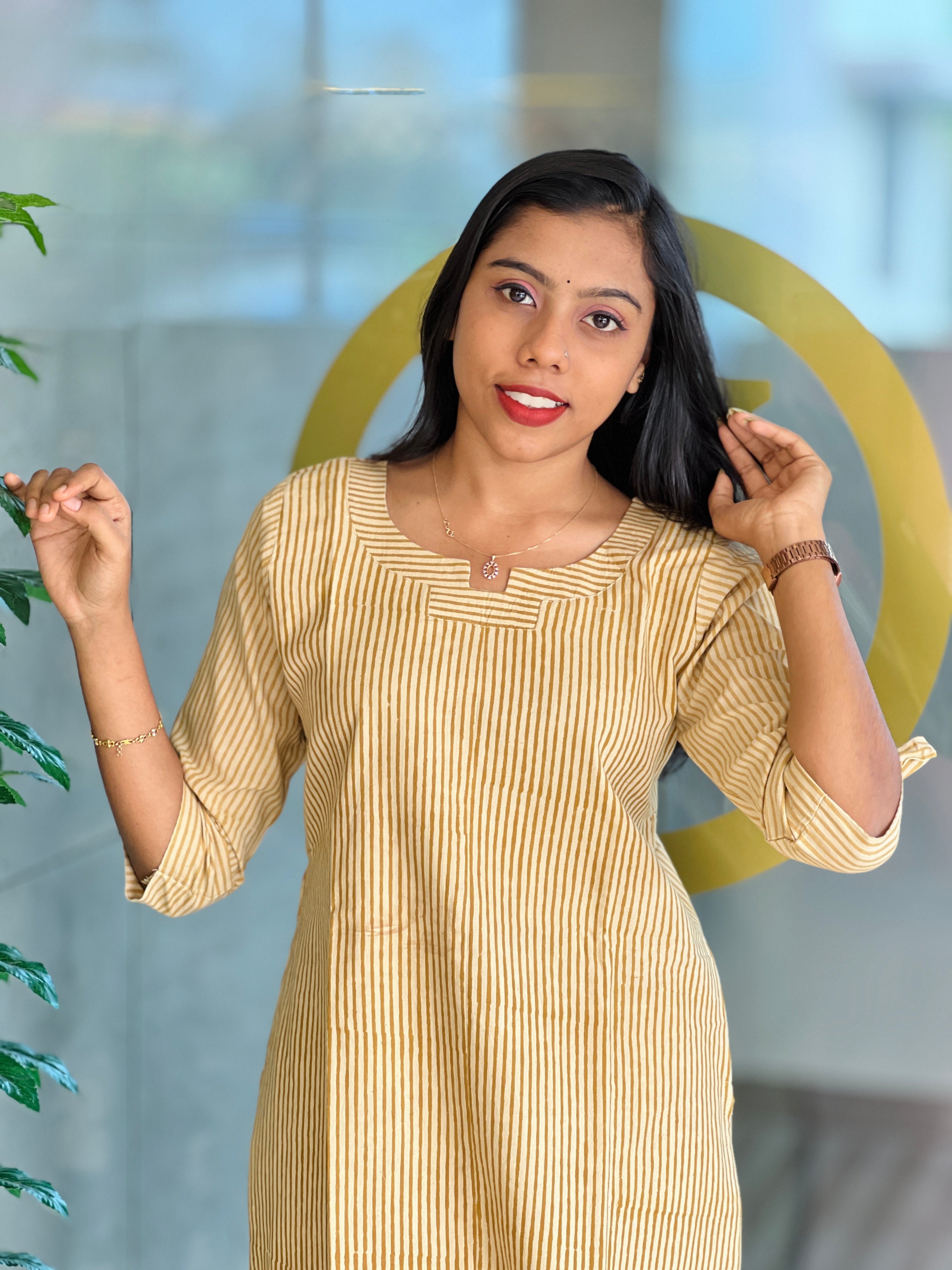 Stripe Print Detailed Cotton Kurta | RMLA107