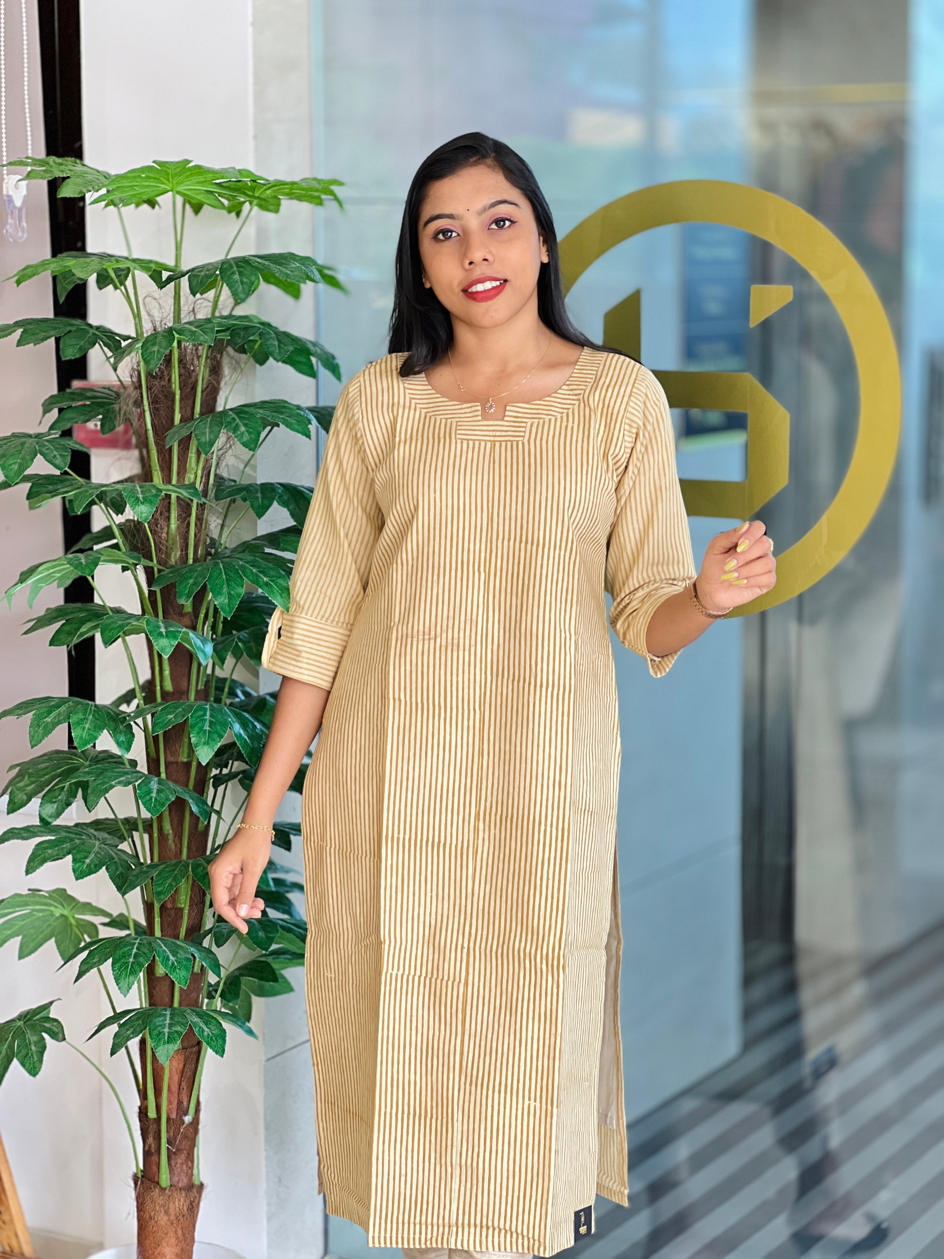 Stripe Print Detailed Cotton Kurta | RMLA107