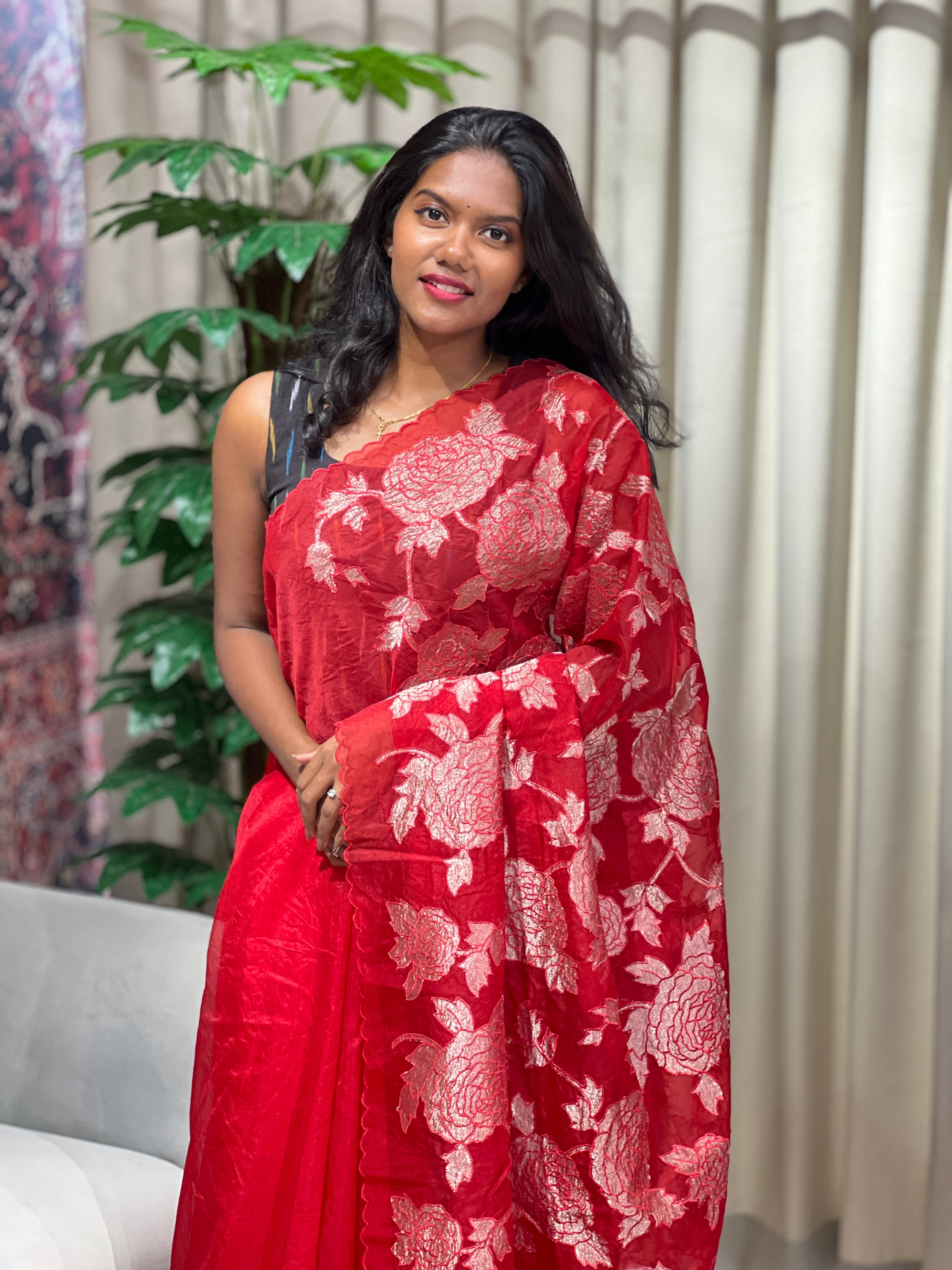 Applique Work Detailed Organza Saree | MM364