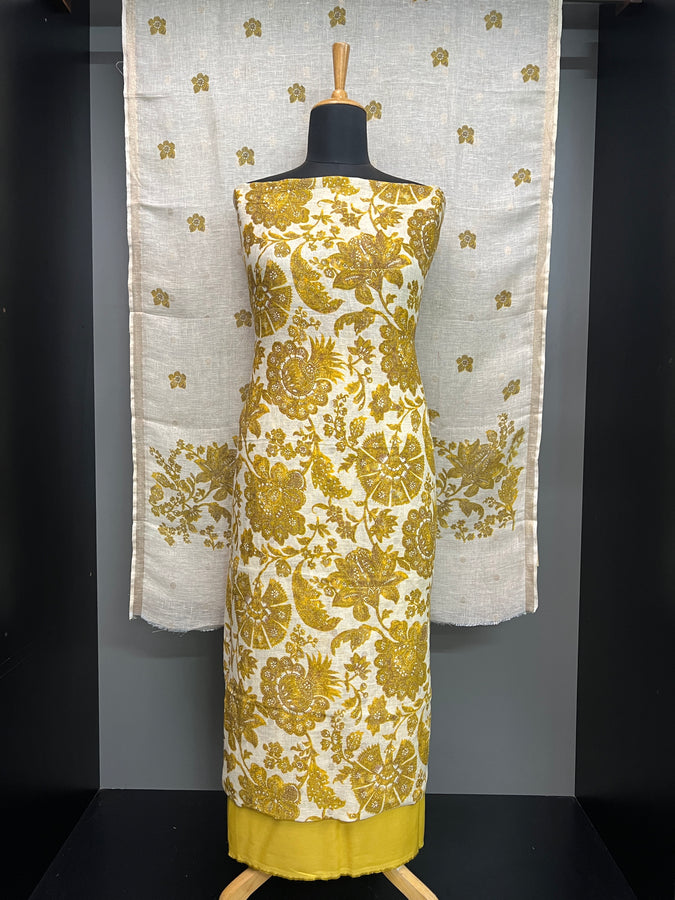 Printed Floral Patterned Pure Linen Salwar Set | HE139