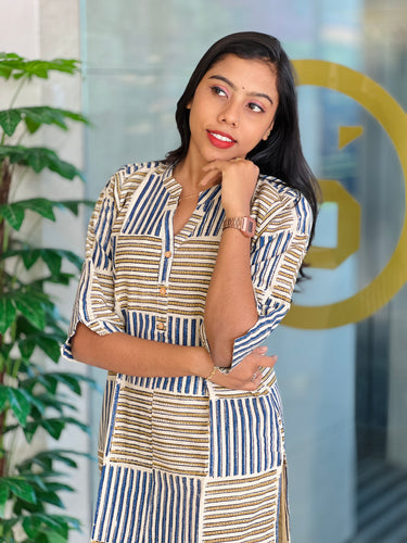 Geometric Print Detailed Cotton Kurta | RMLA103