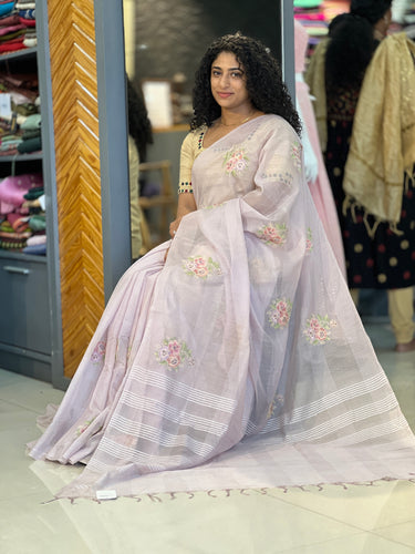 Floral Machine Embroidery Bhagalpuri Linen Saree | YNG329
