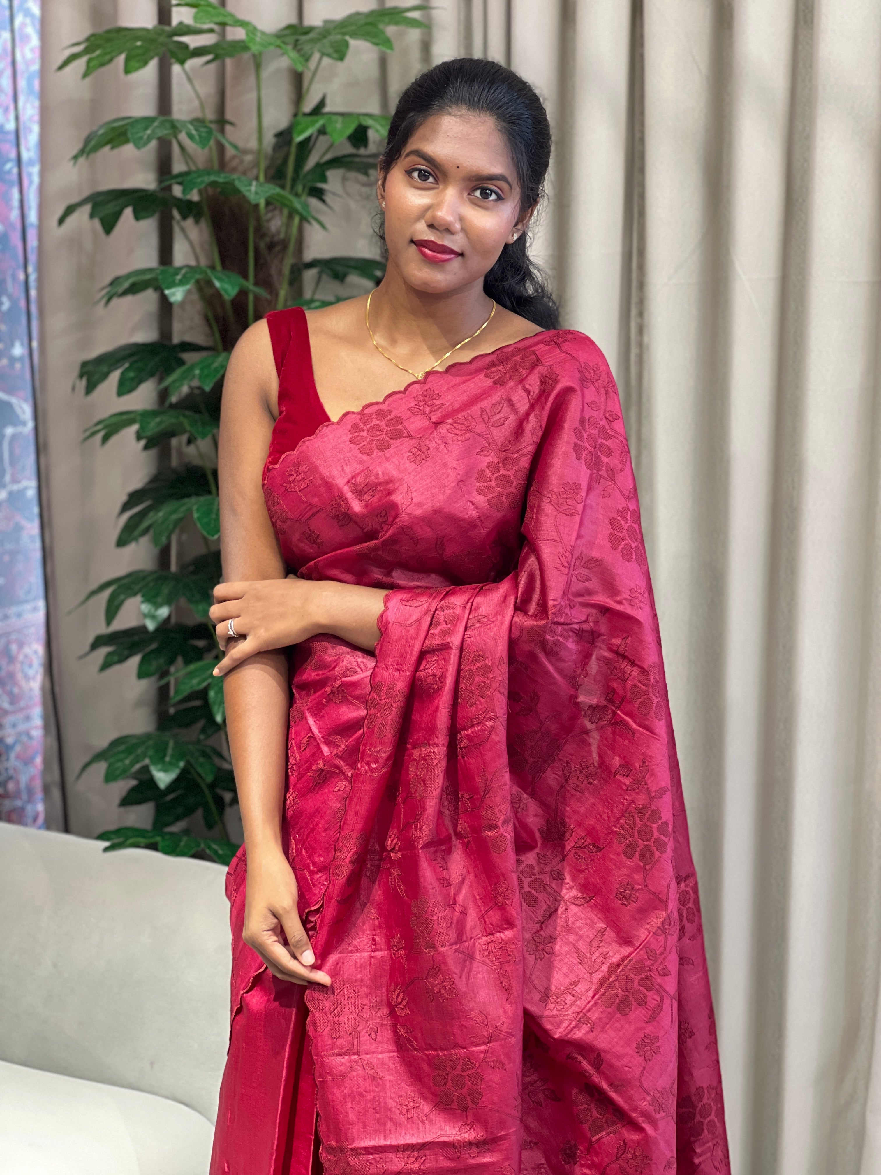 Floral Cross Stitch Embroidery Detailed Tussar Saree | YNG634