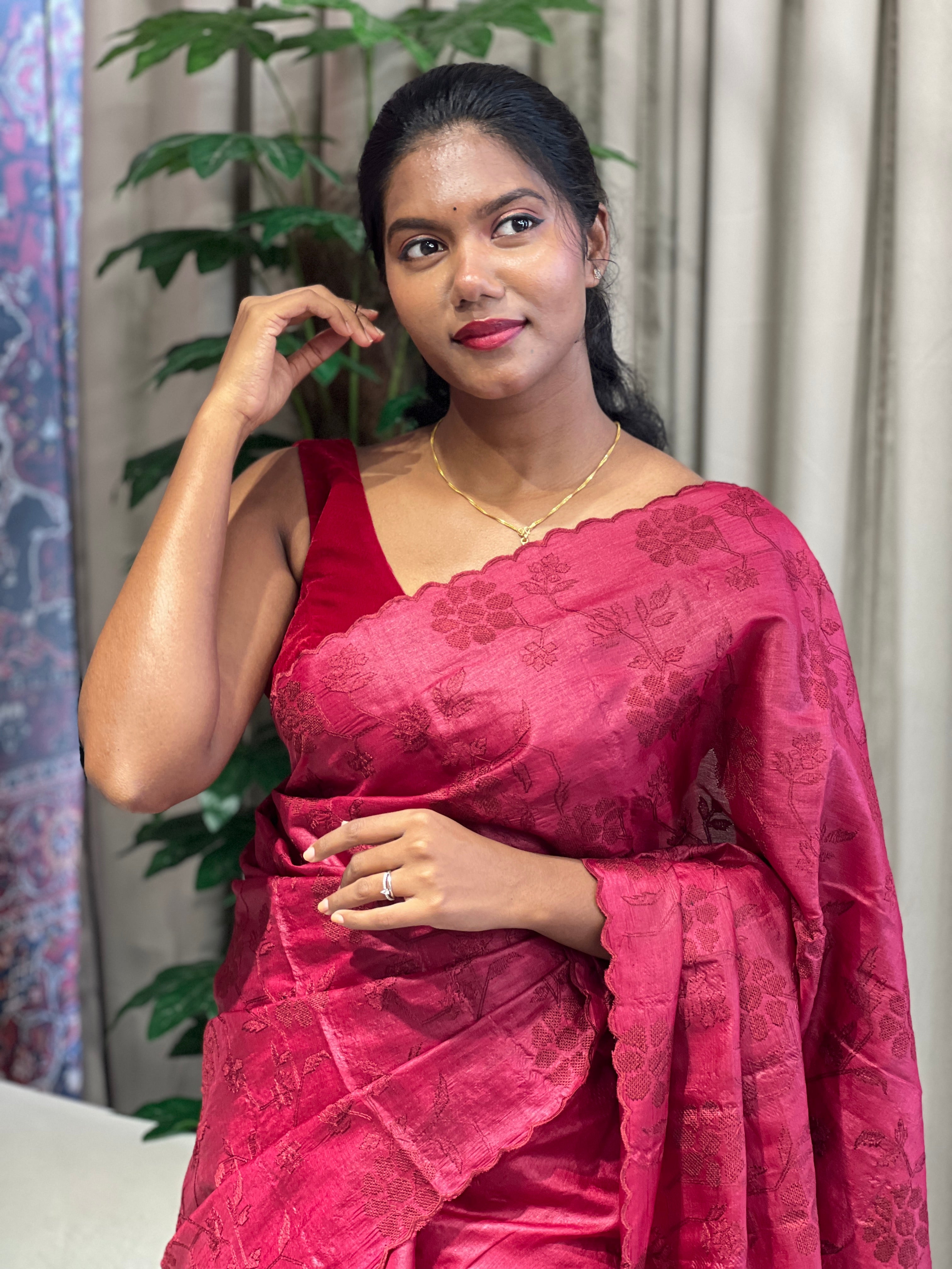 Floral Cross Stitch Embroidery Detailed Tussar Saree | YNG634