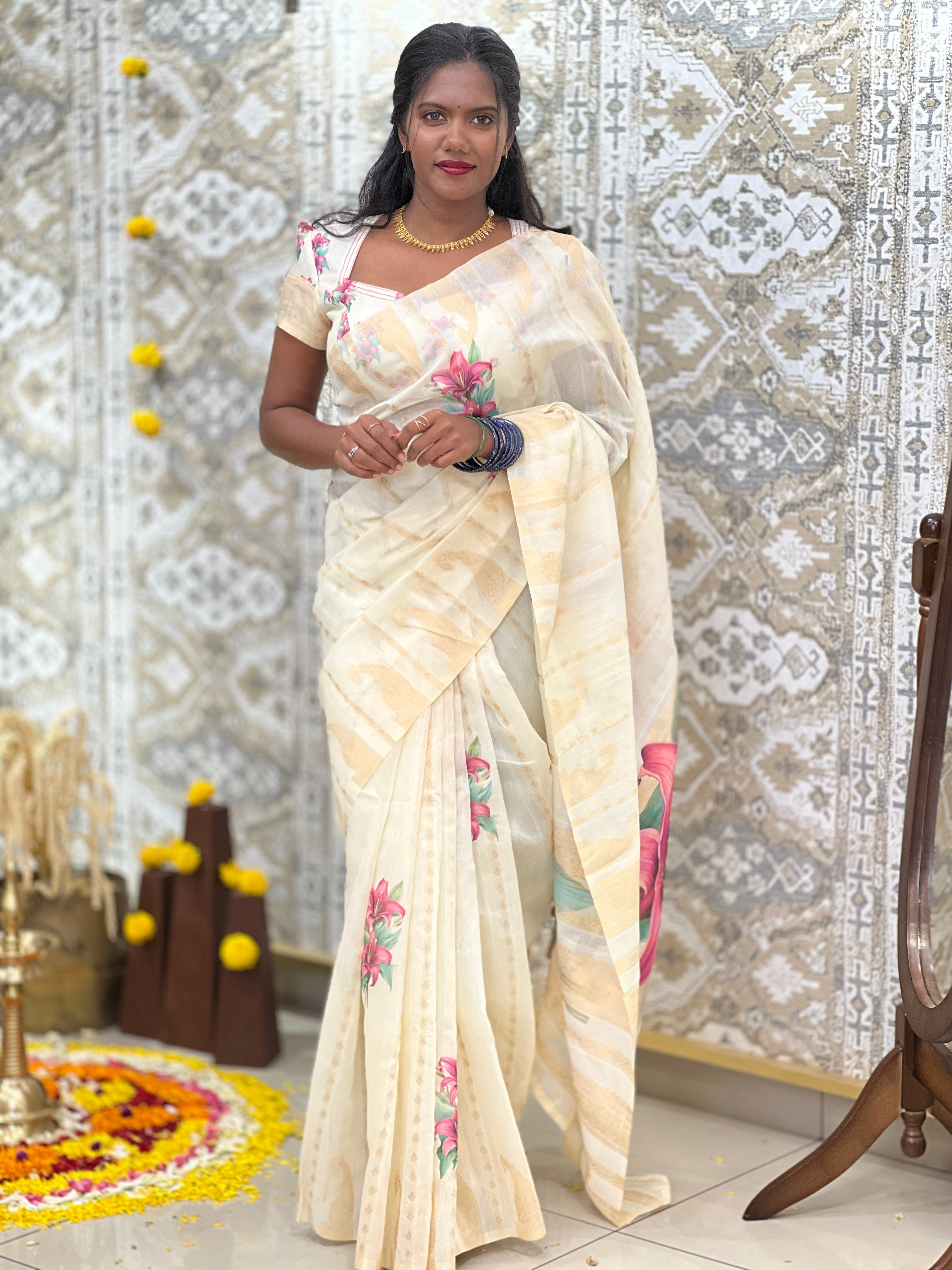 Floral Digital Printed Pattern Chanderi Finish Saree | HT491