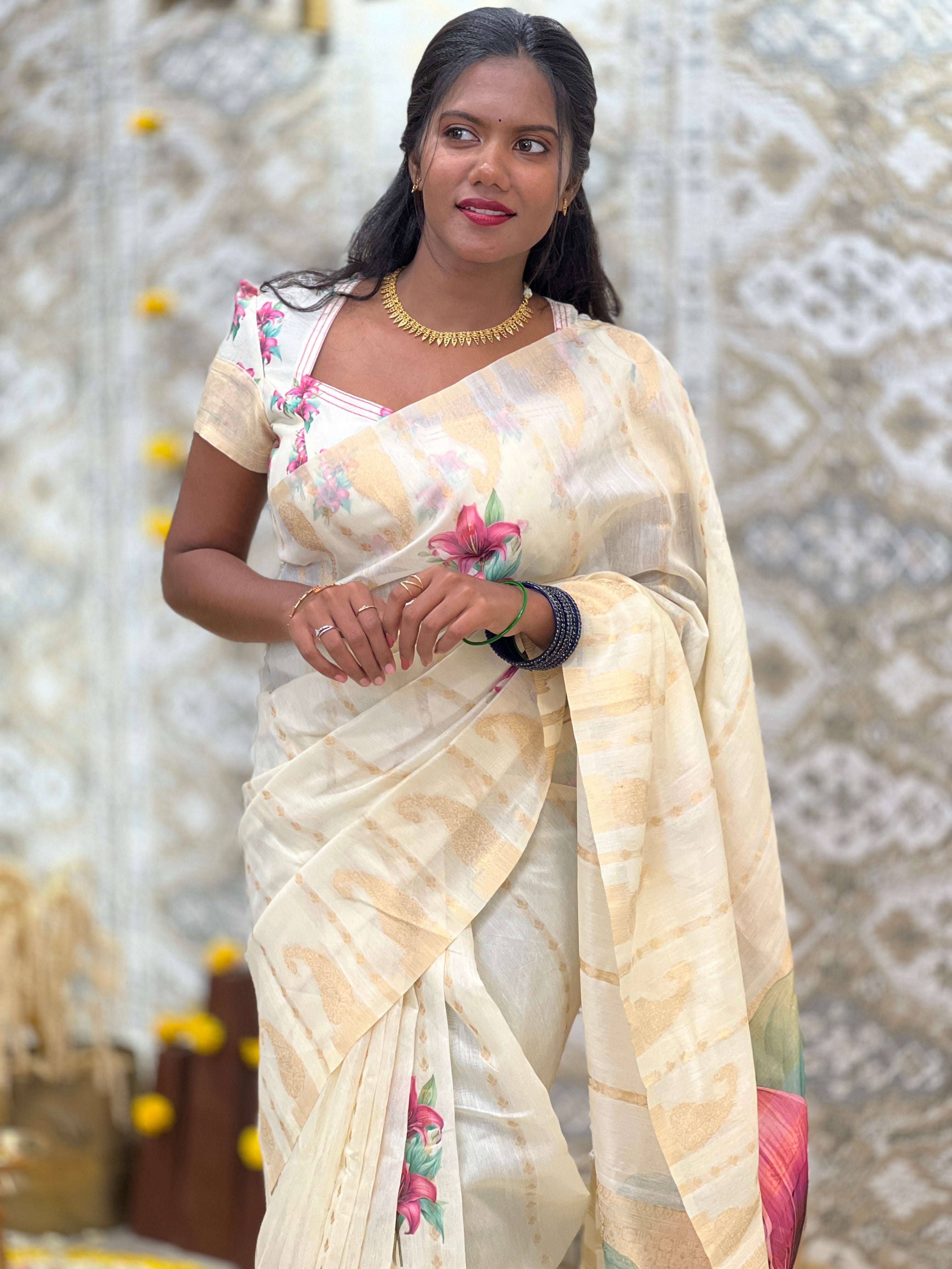 Floral Digital Printed Pattern Chanderi Finish Saree | HT491