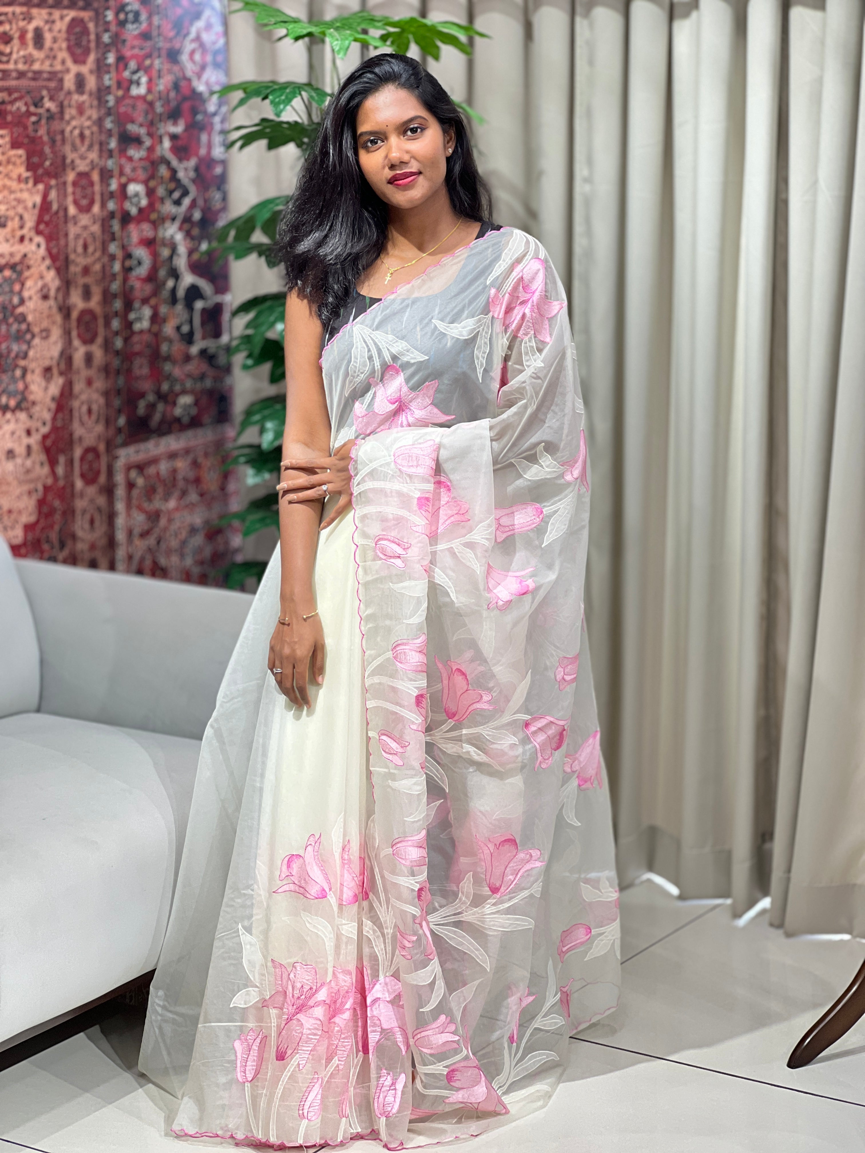 Applique Work Detailed Organza Saree | MM348