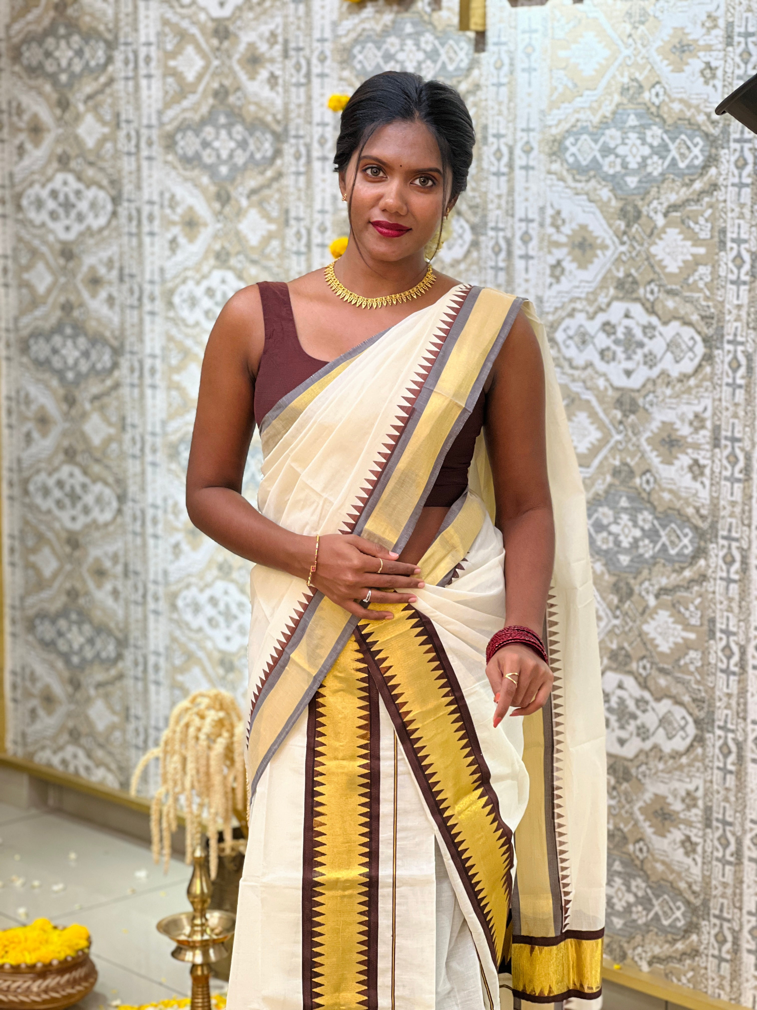Temple Pattern Border Kerala Cotton  Set Mundu | GAT577