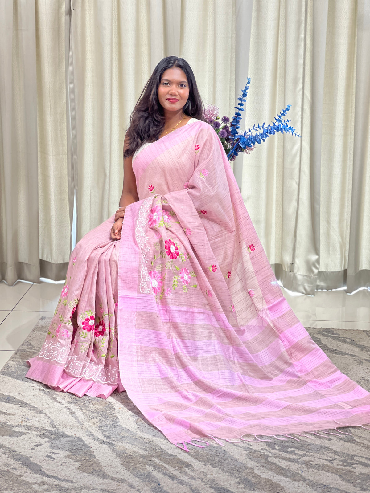 Floral Embroidered Bhagalpuri Linen Saree  | NHH741