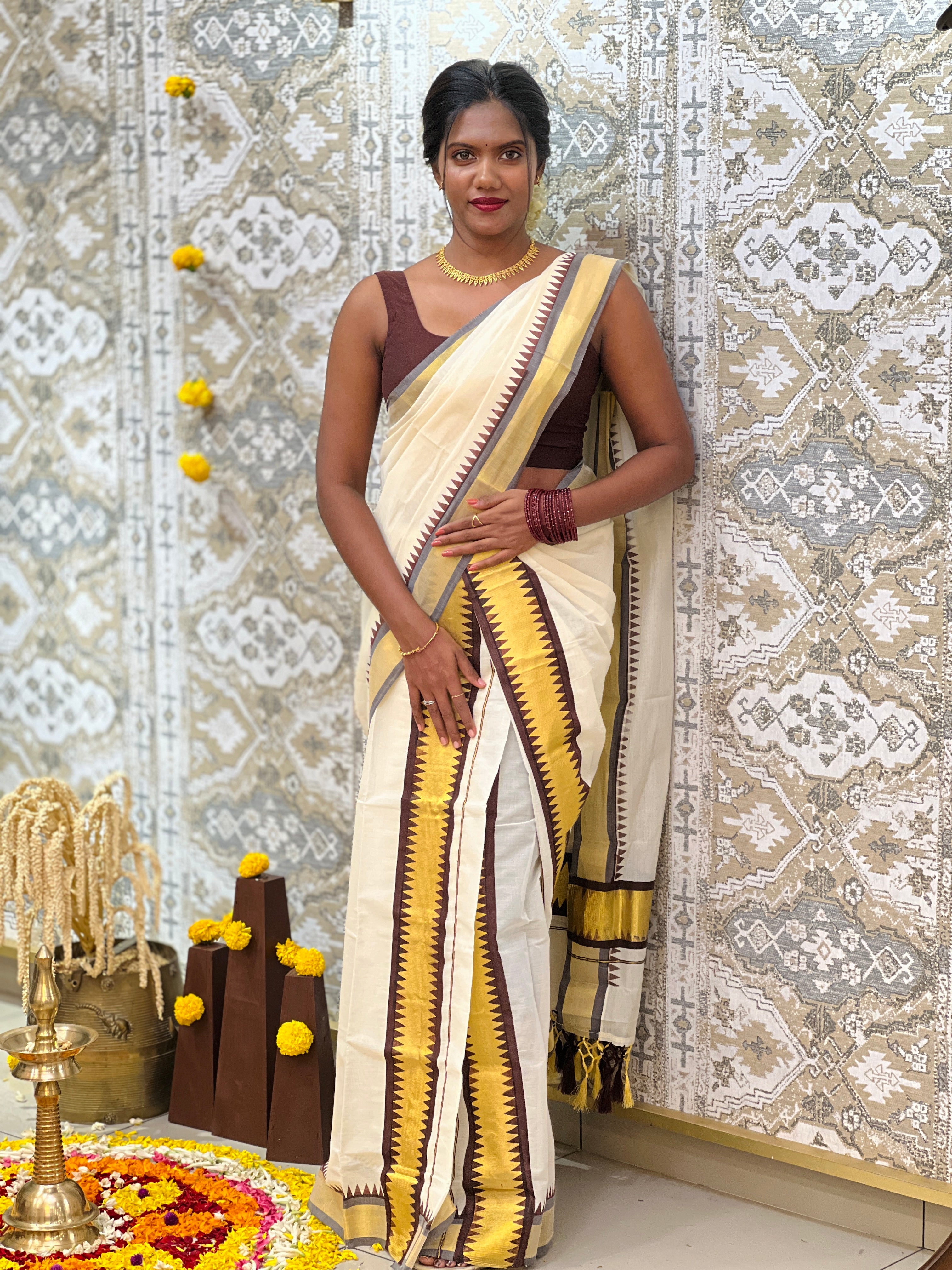 Temple Pattern Border Kerala Cotton  Set Mundu | GAT577