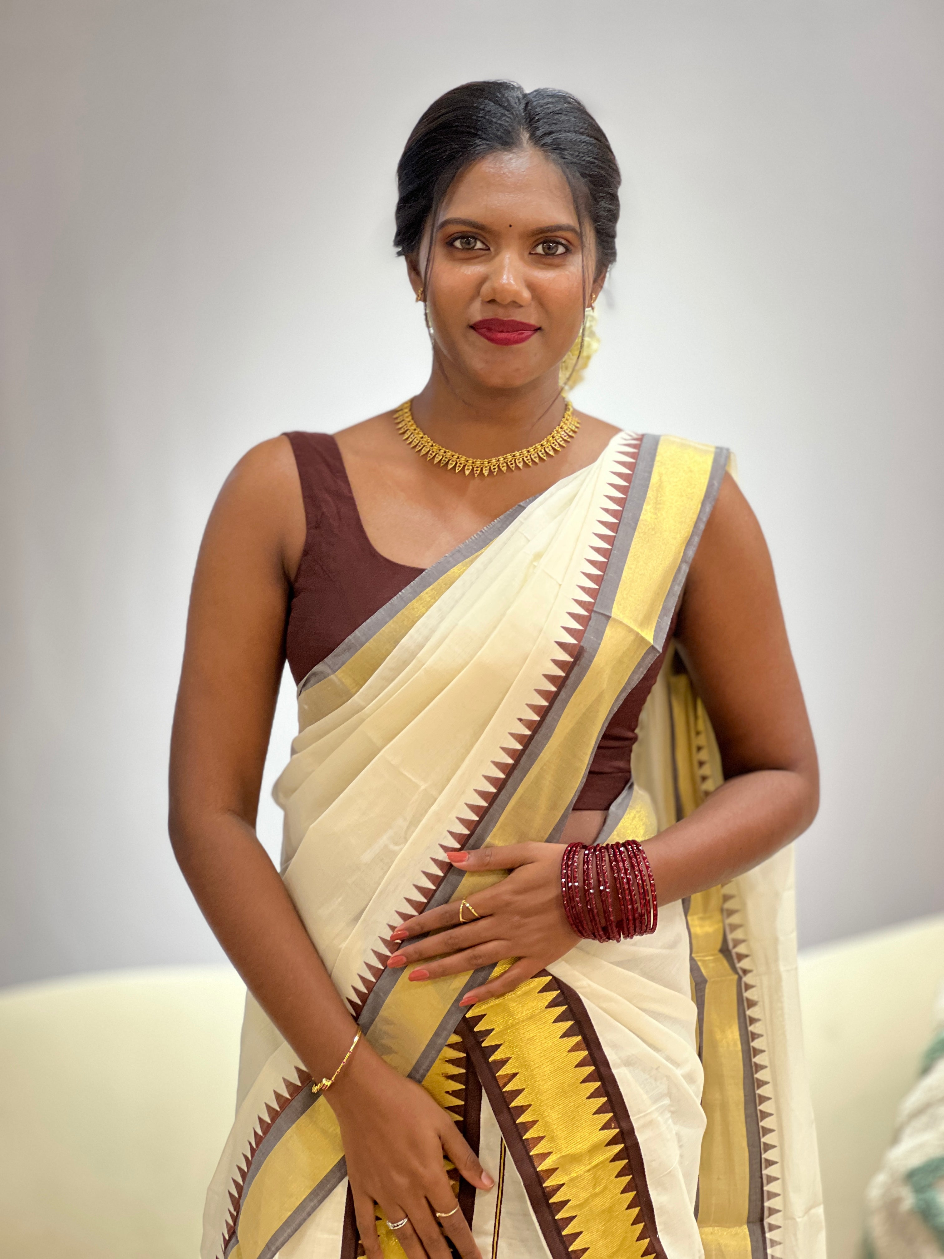 Temple Pattern Border Kerala Cotton  Set Mundu | GAT577