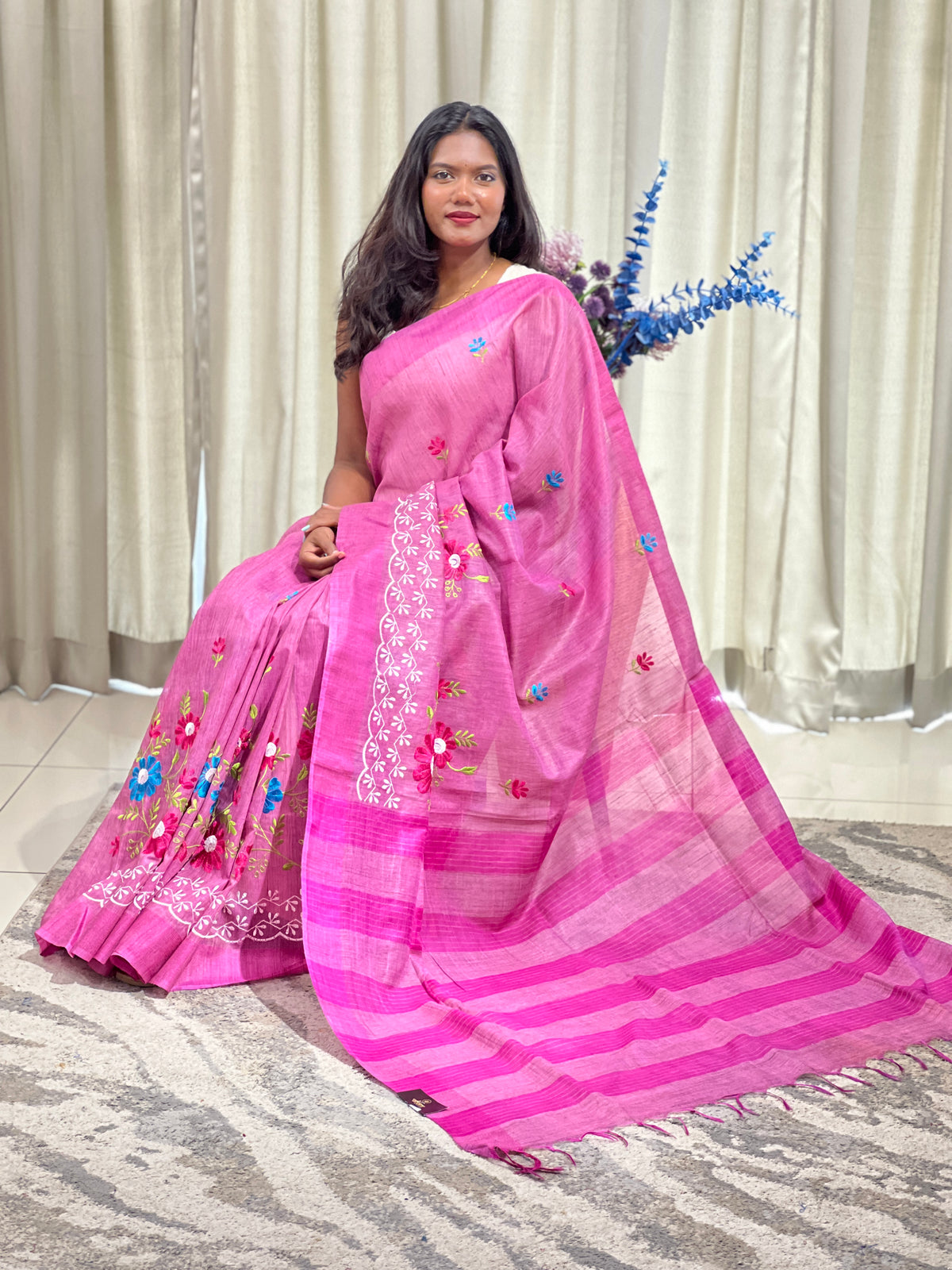 Floral Embroidered Bhagalpuri Linen Saree  | NHH739