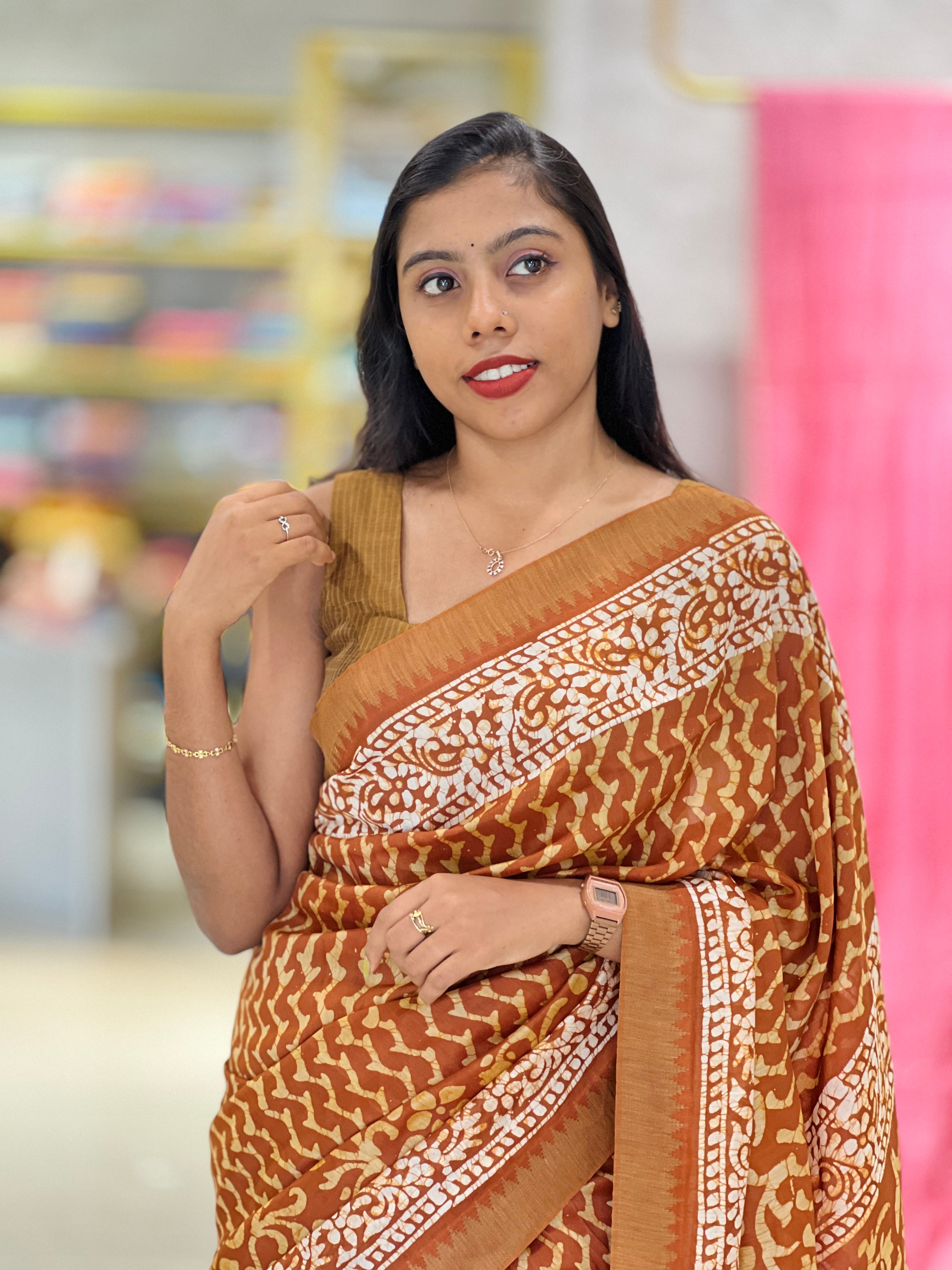 Print With Temple Border Detailed Chanderi Saree | RGD402