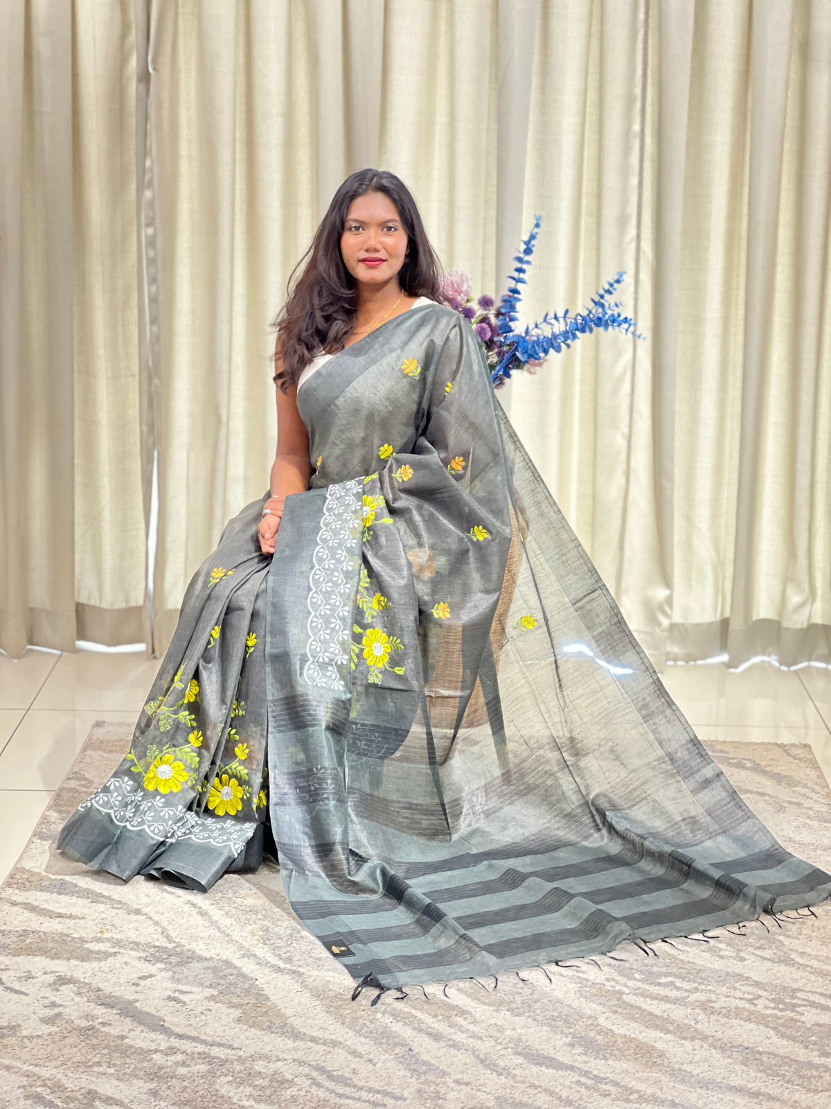 Floral Embroidered Bhagalpuri Linen Saree  | NHH740