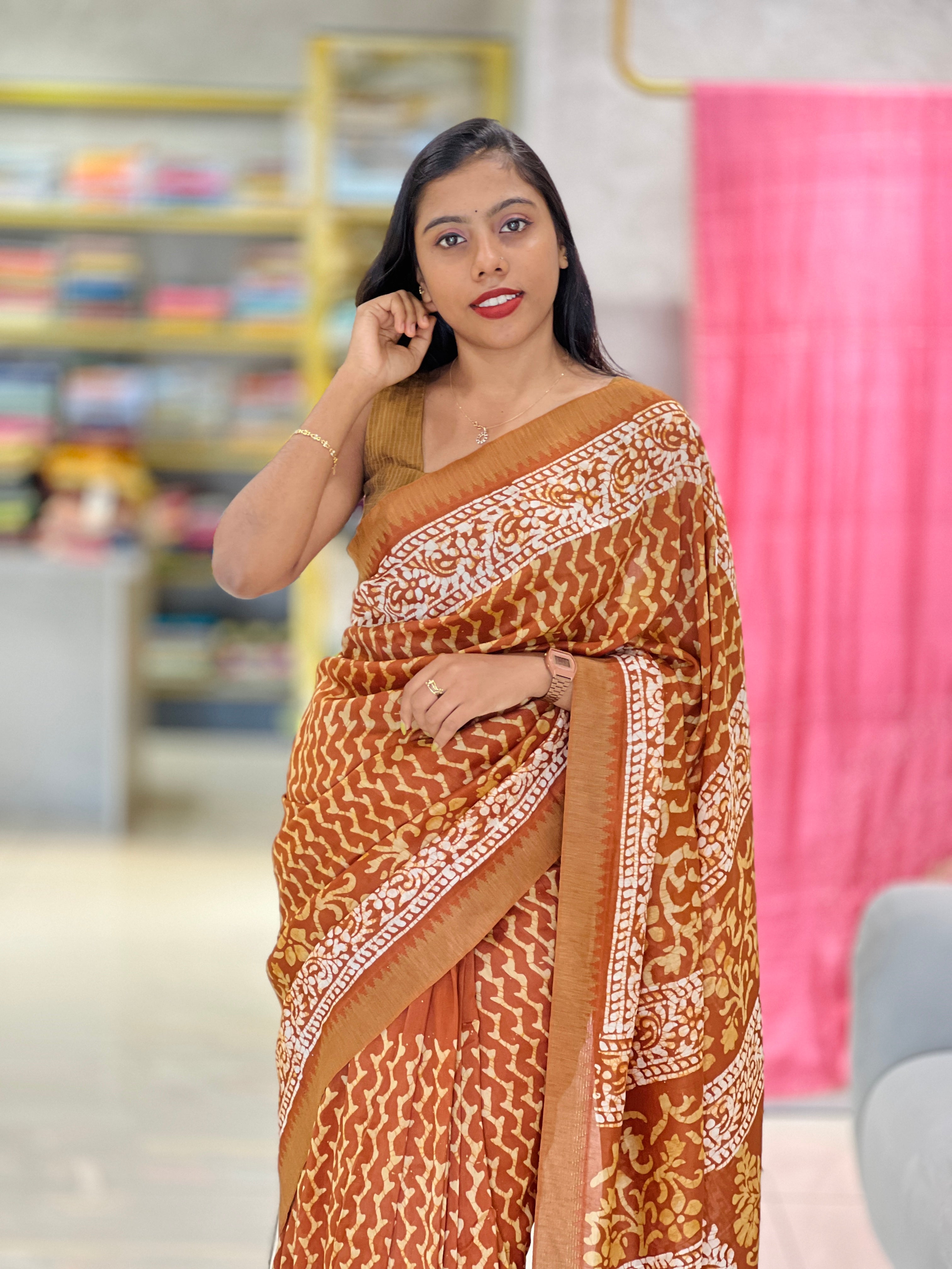 Print With Temple Border Detailed Chanderi Saree | RGD402