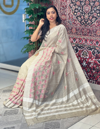 Embroidered Bhagalpuri Linen Saree | NHH364