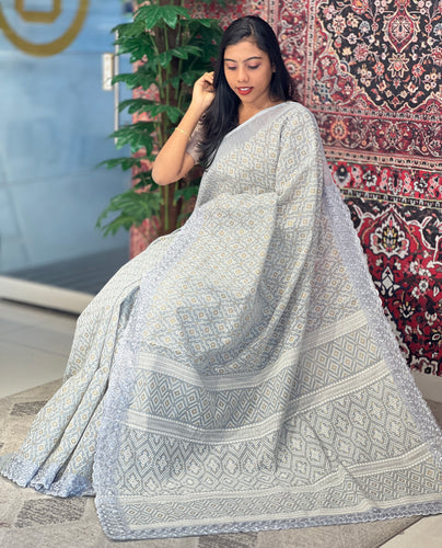 Foil Paint Highlight With Embroidery Detailed Cotton Linen Saree | VDA138