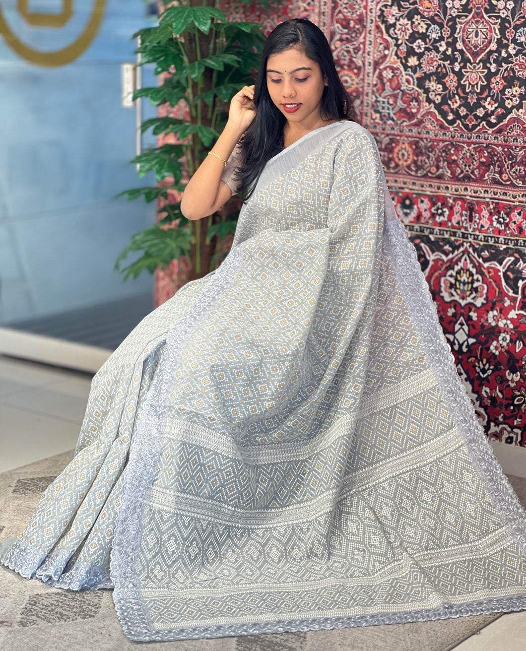 Foil Paint Highlight With Embroidery Detailed Cotton Linen Saree | VDA138