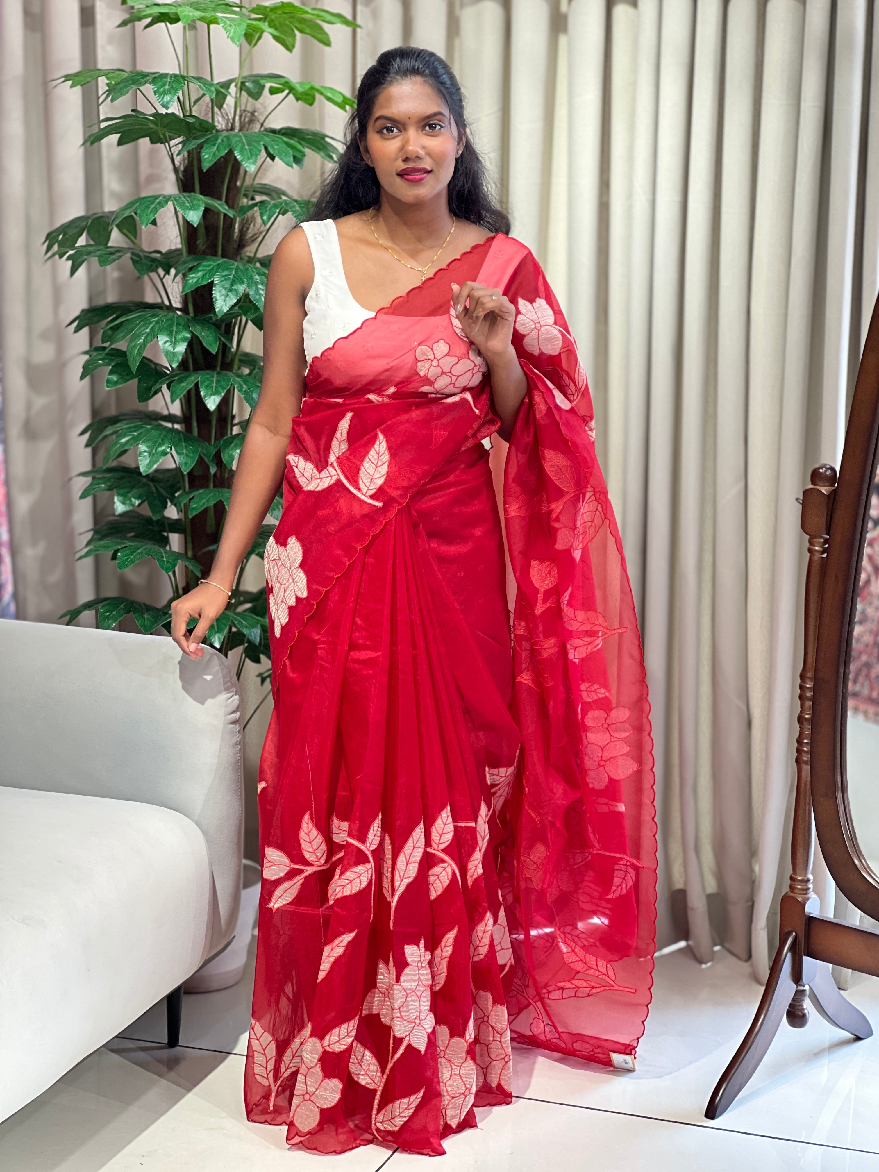 Floral Applique Tissue Organza Saree | MM333