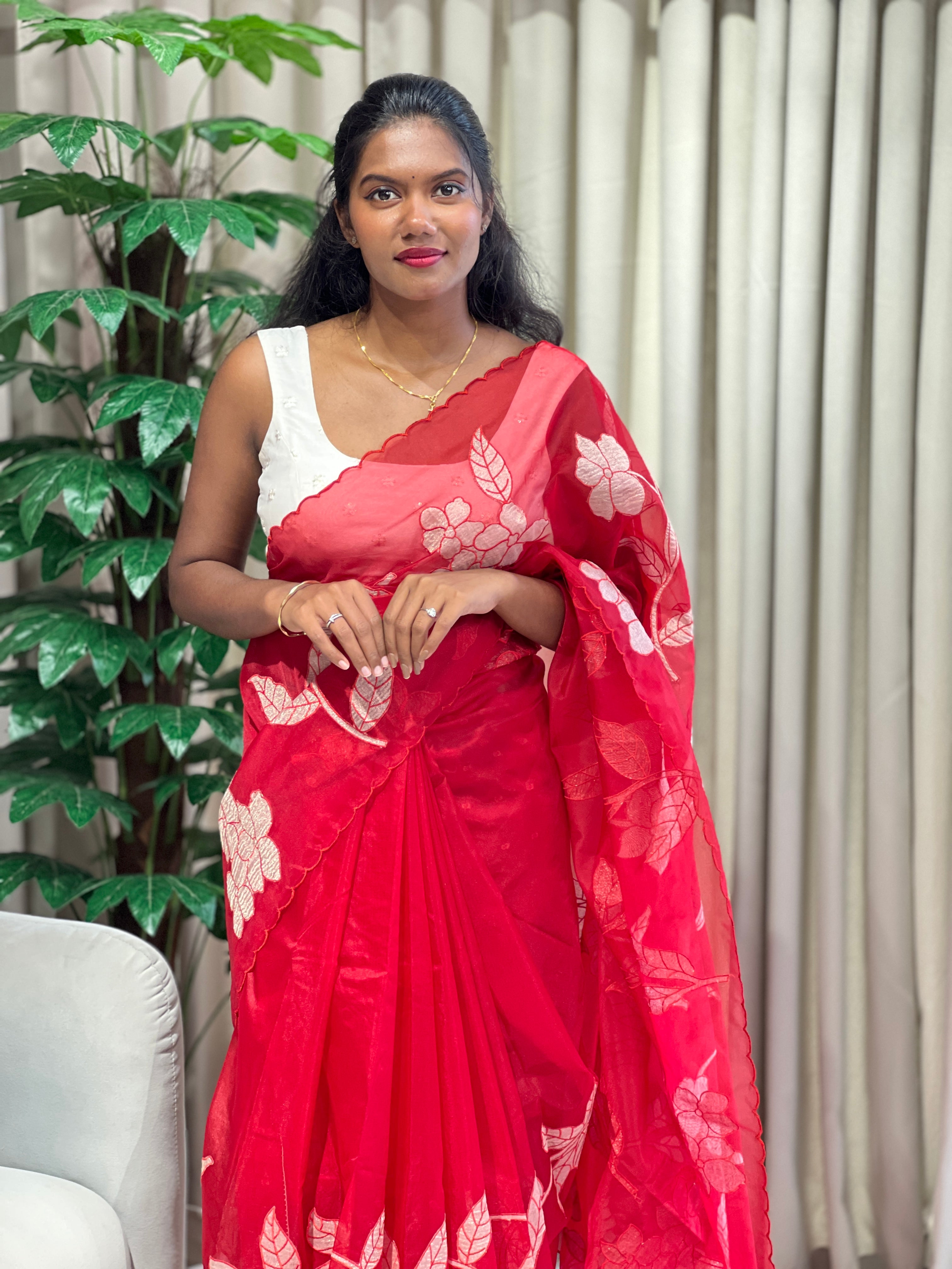 Floral Applique Tissue Organza Saree | MM333