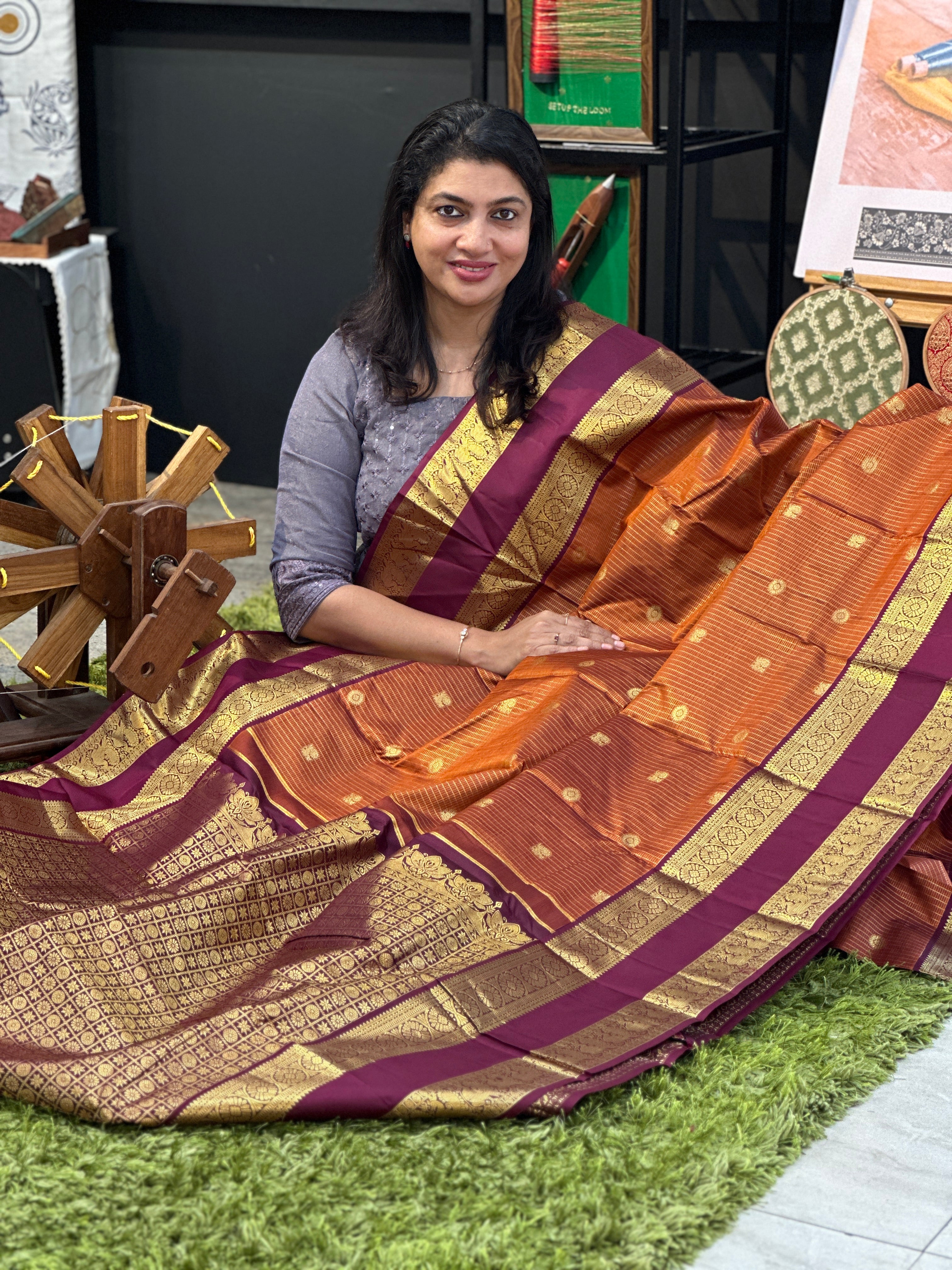 Check Patterned Pure Silk Saree | OM272