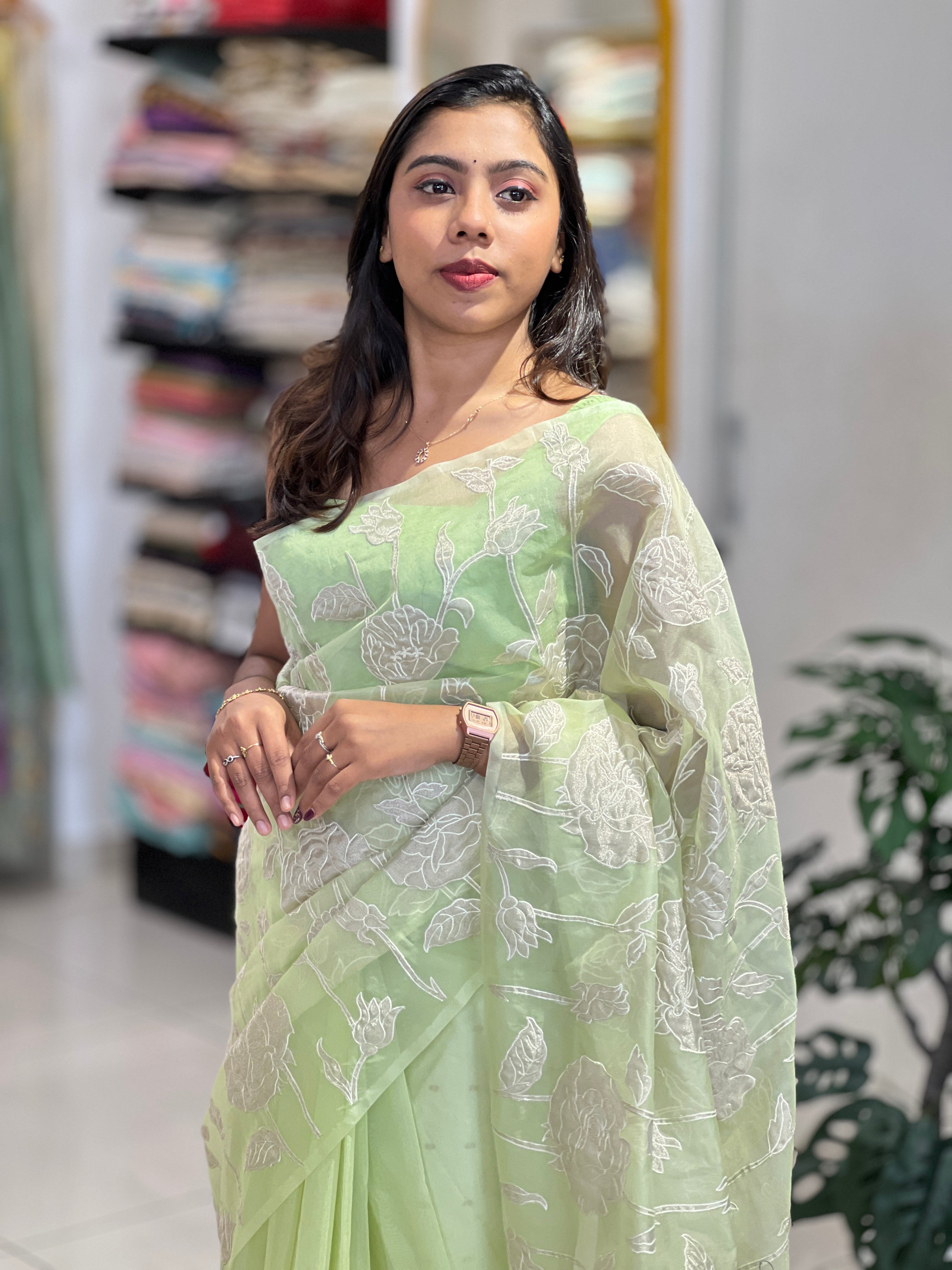 Floral Applique Detailed Organza Saree | MM360