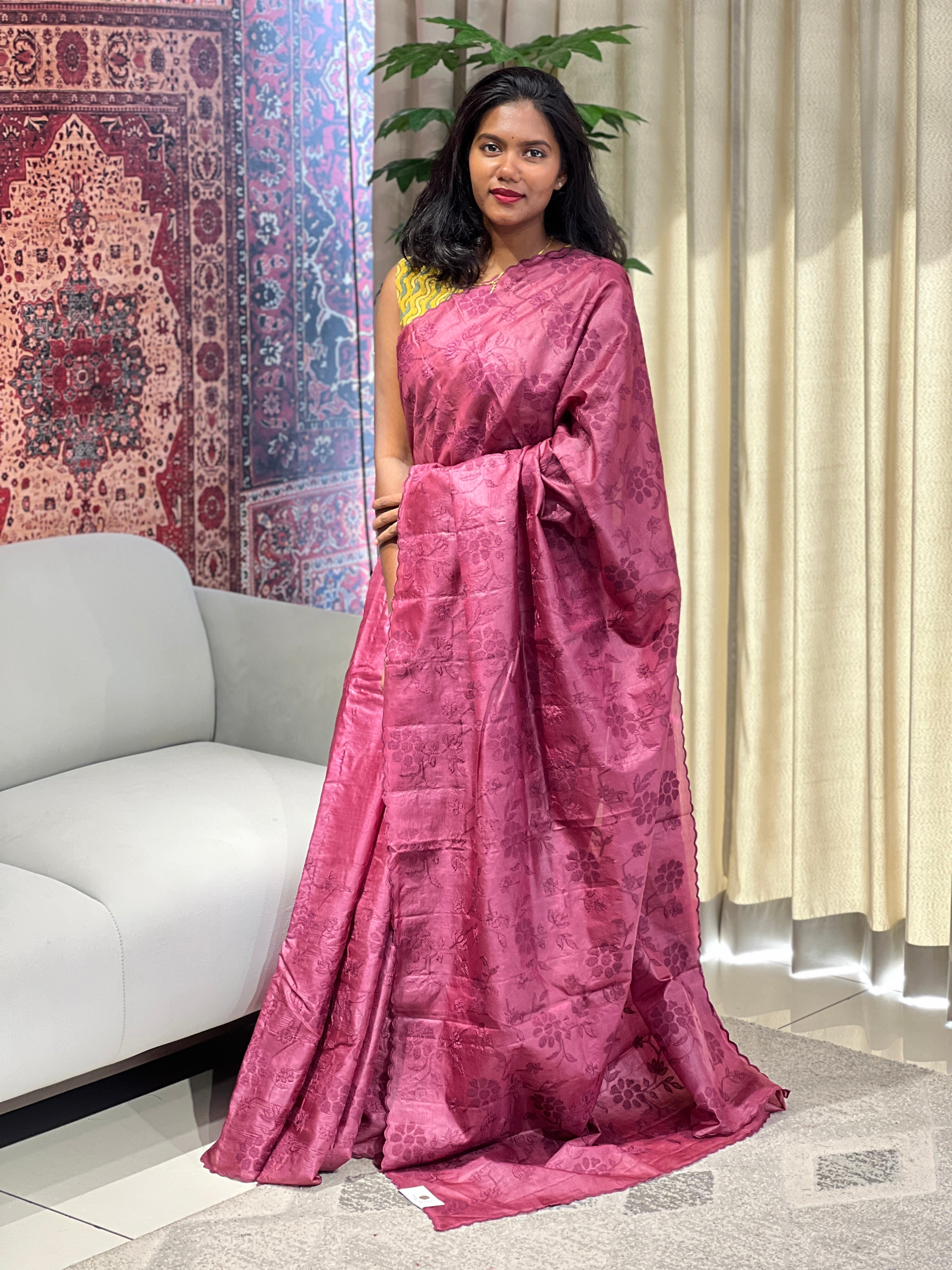 Floral Cross Stitch Embroidery Detailed Tussar Saree | YNG635