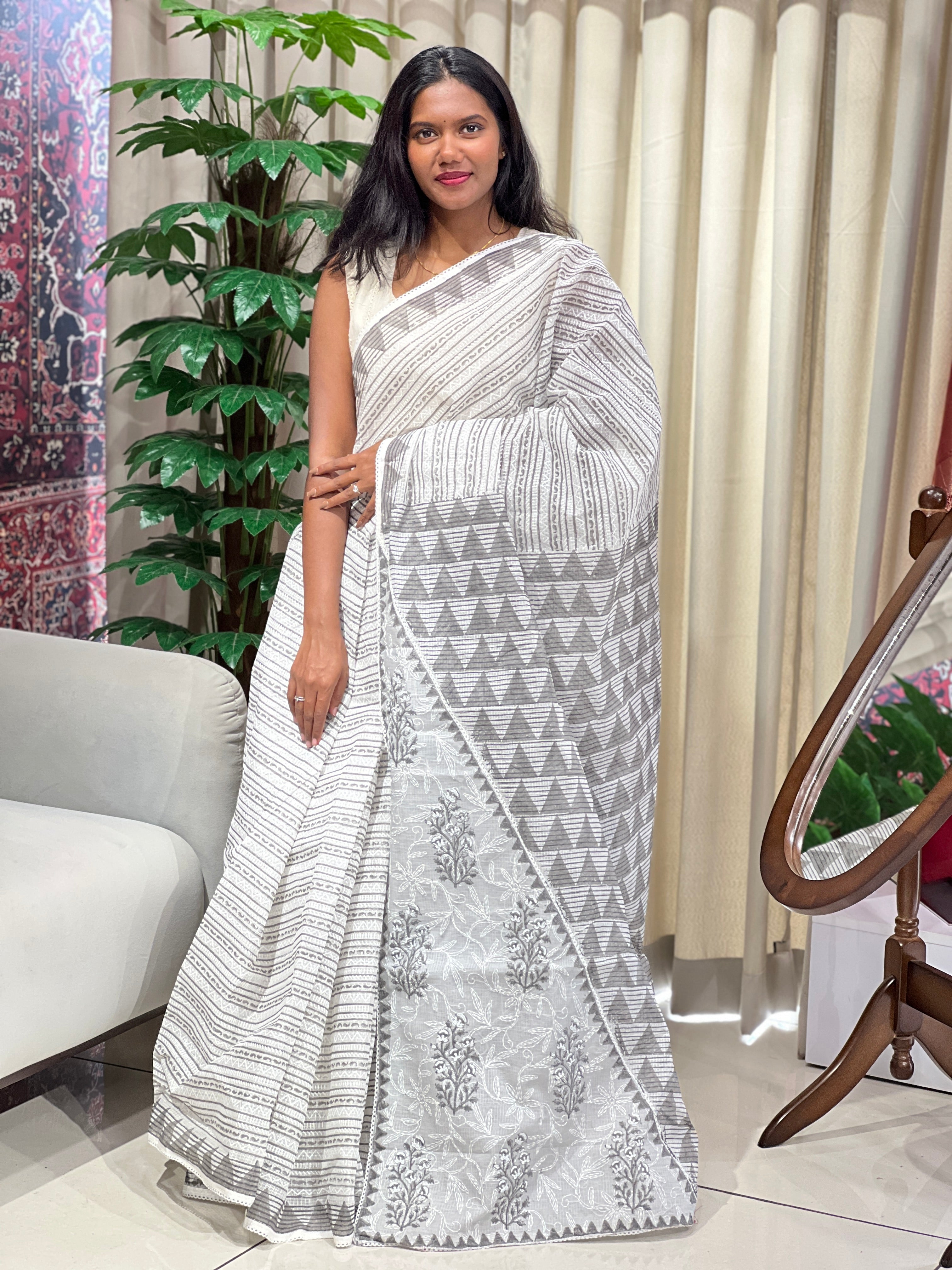 Stripes Printed Muga Check Organza Saree | PF1212