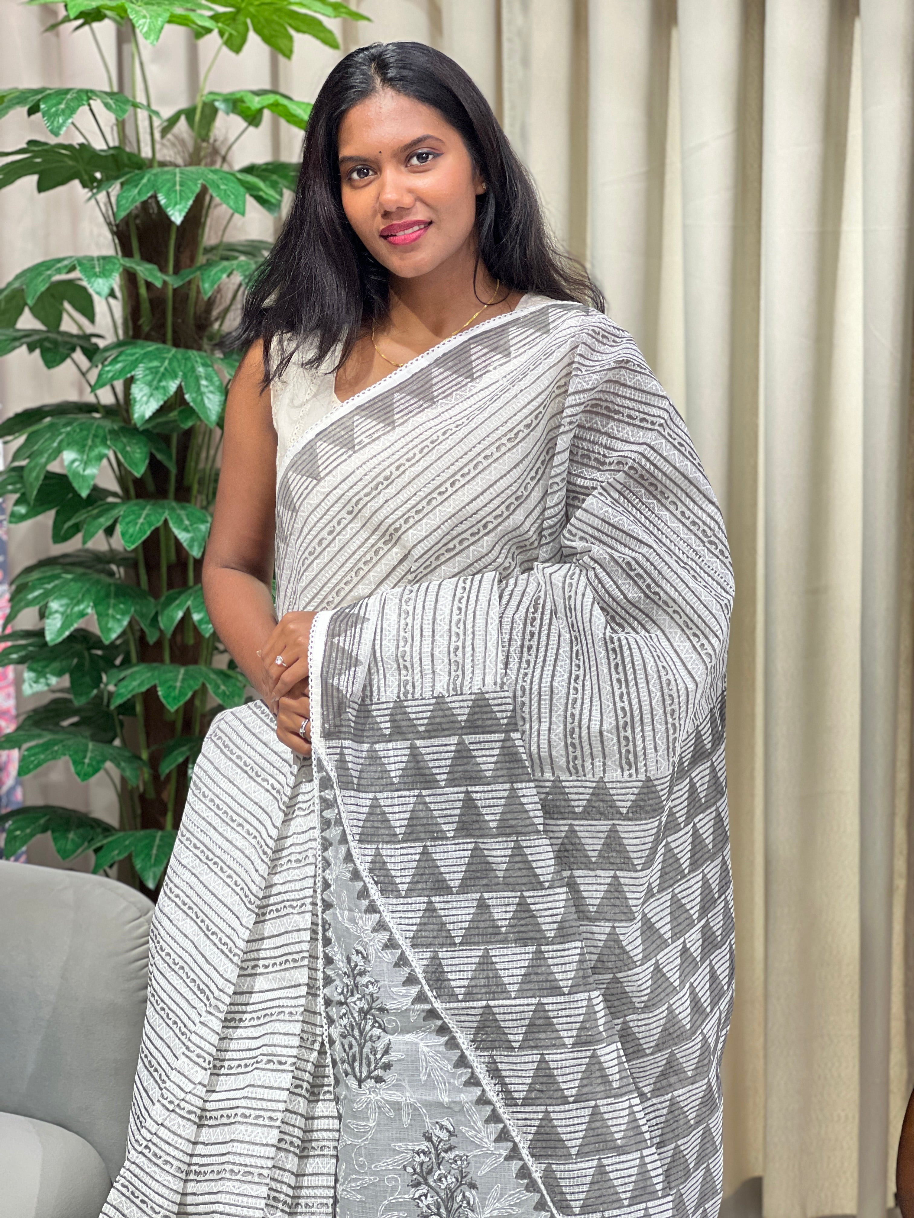 Stripes Printed Muga Check Organza Saree | PF1212