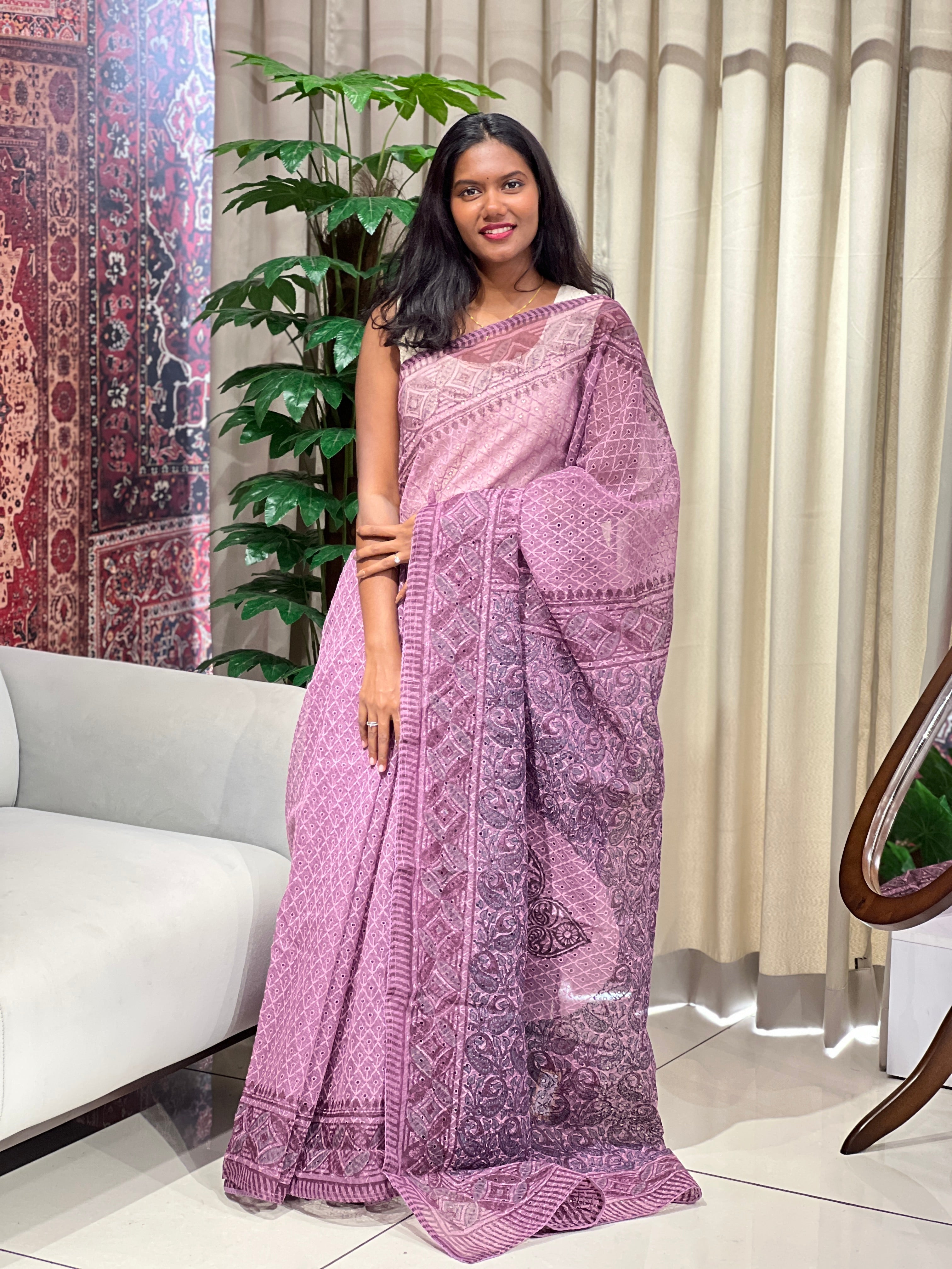 Block Printed Muga Check Organza Saree | PF1191