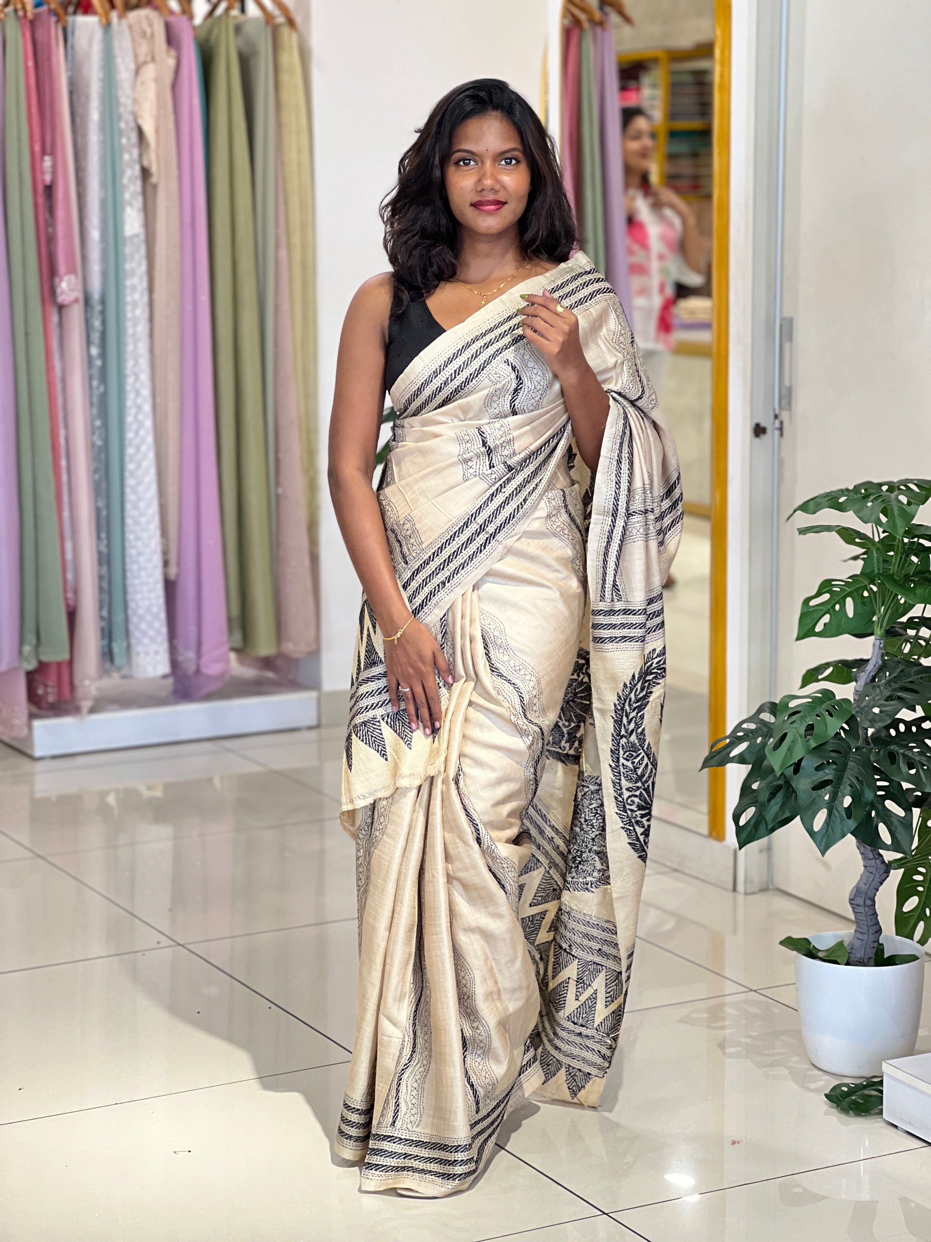 Kantha Embroidered Tussar Saree | AYD141