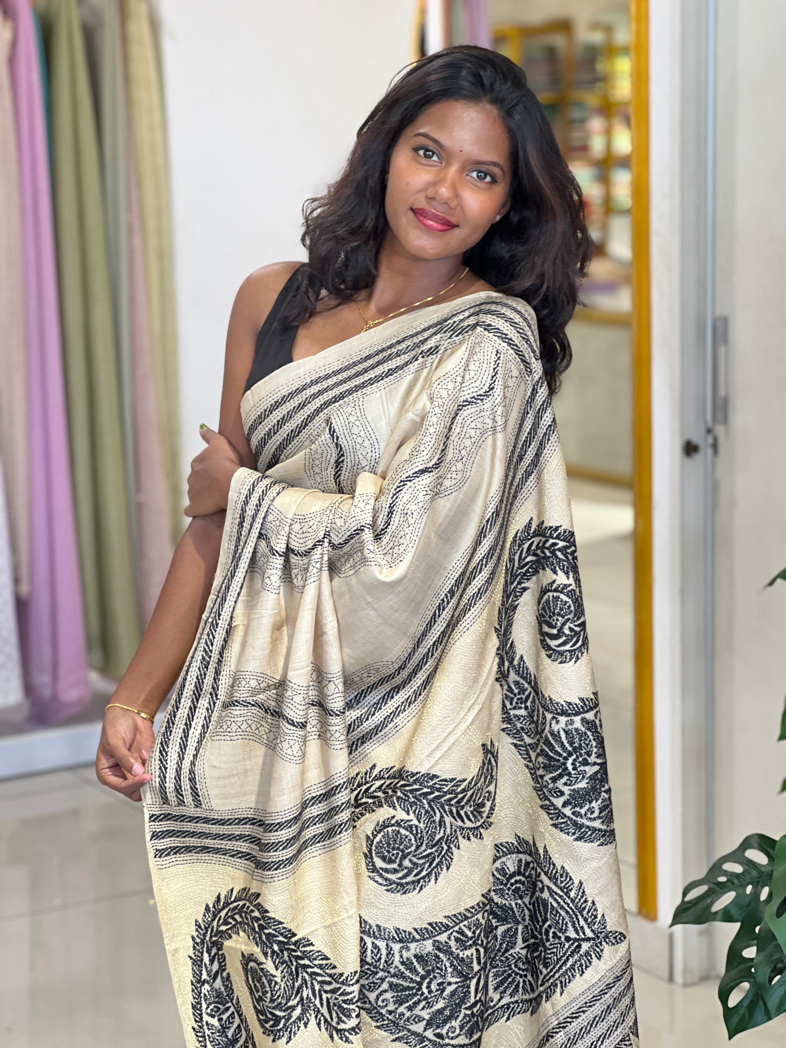 Kantha Embroidered Tussar Saree | AYD141