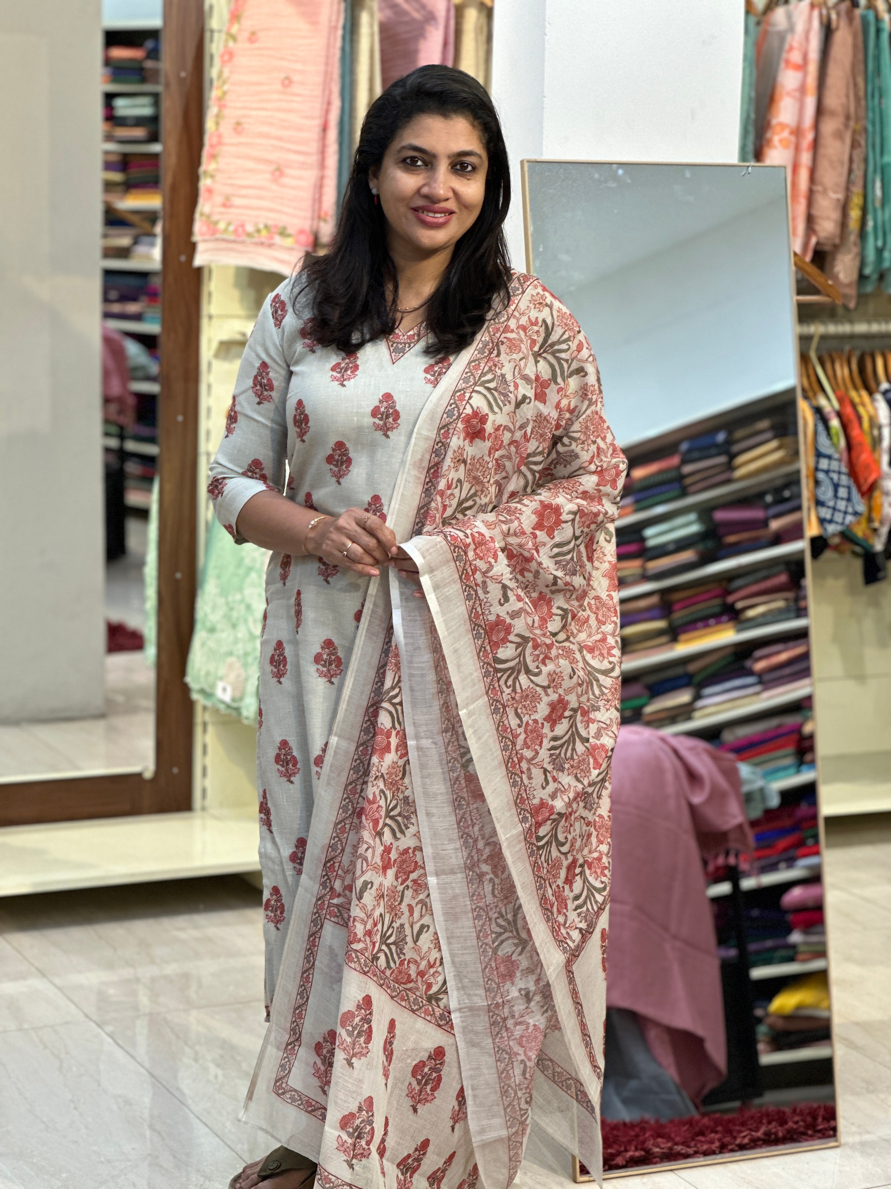 Floral Printed Linen-Cotton Unstitched Salwar Set (Without Bottom) | SSN482