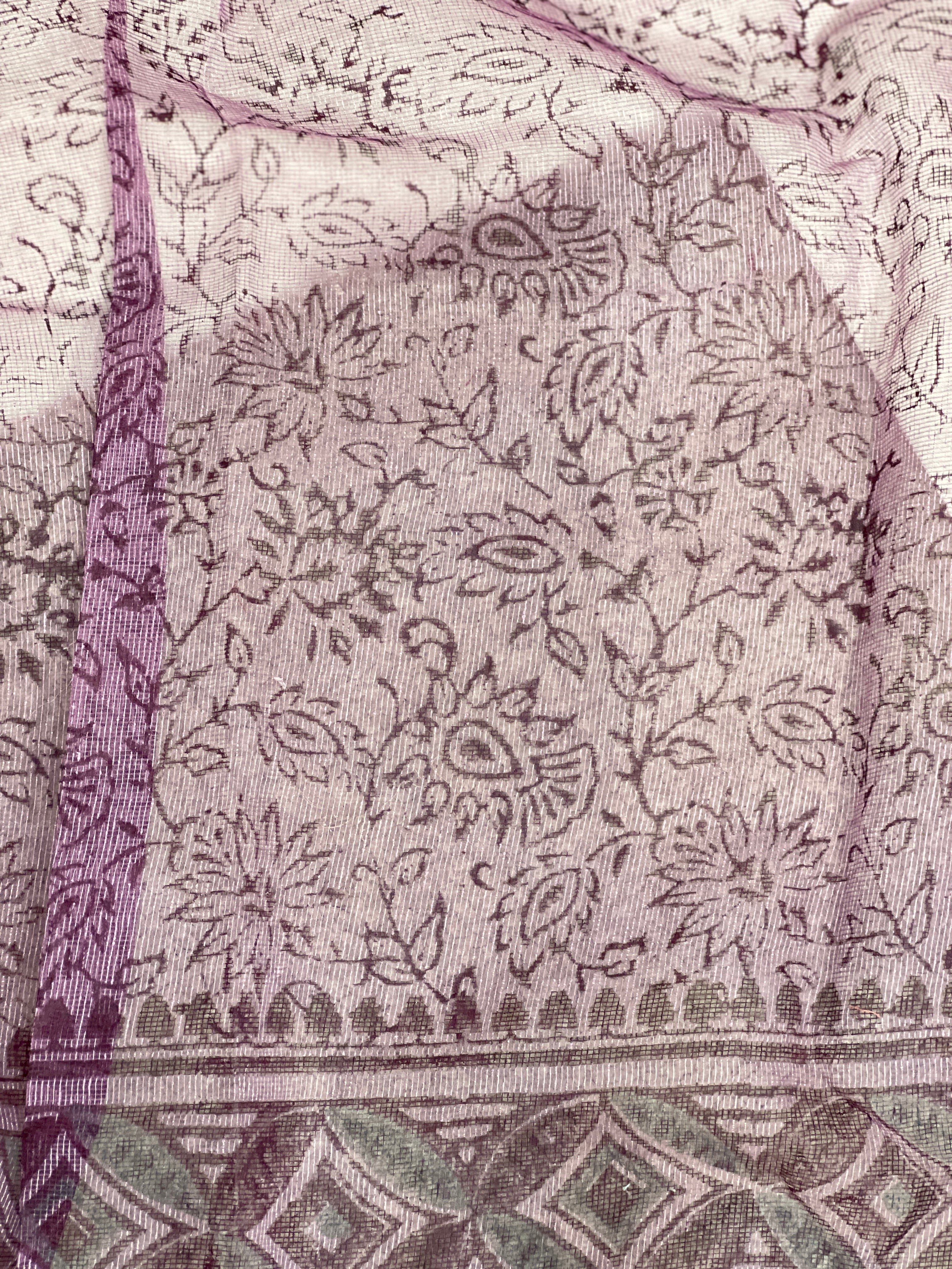 Block Printed Muga Check Organza Saree | PF1191