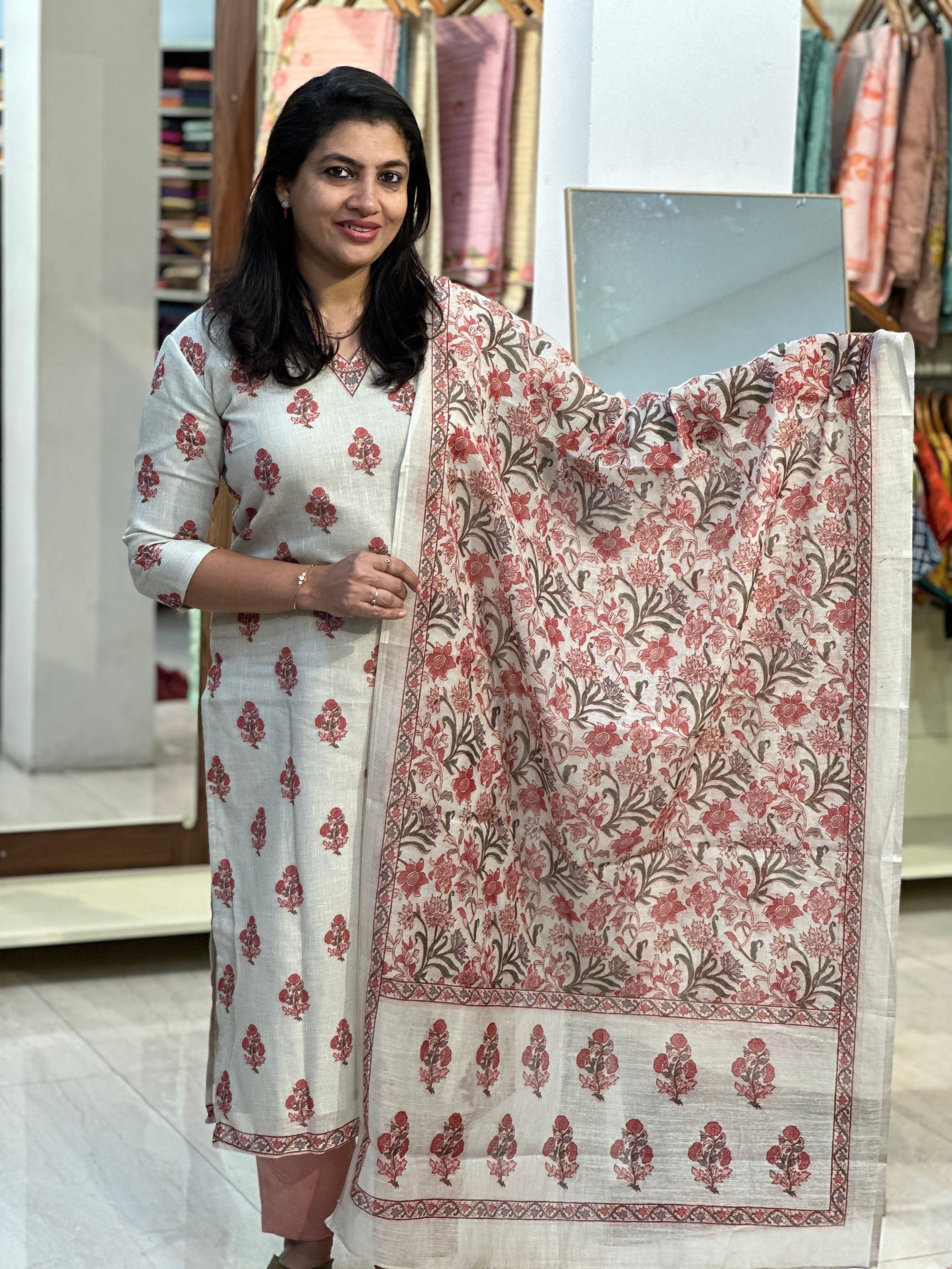 Floral Printed Linen-Cotton Unstitched Salwar Set (Without Bottom) | SSN482