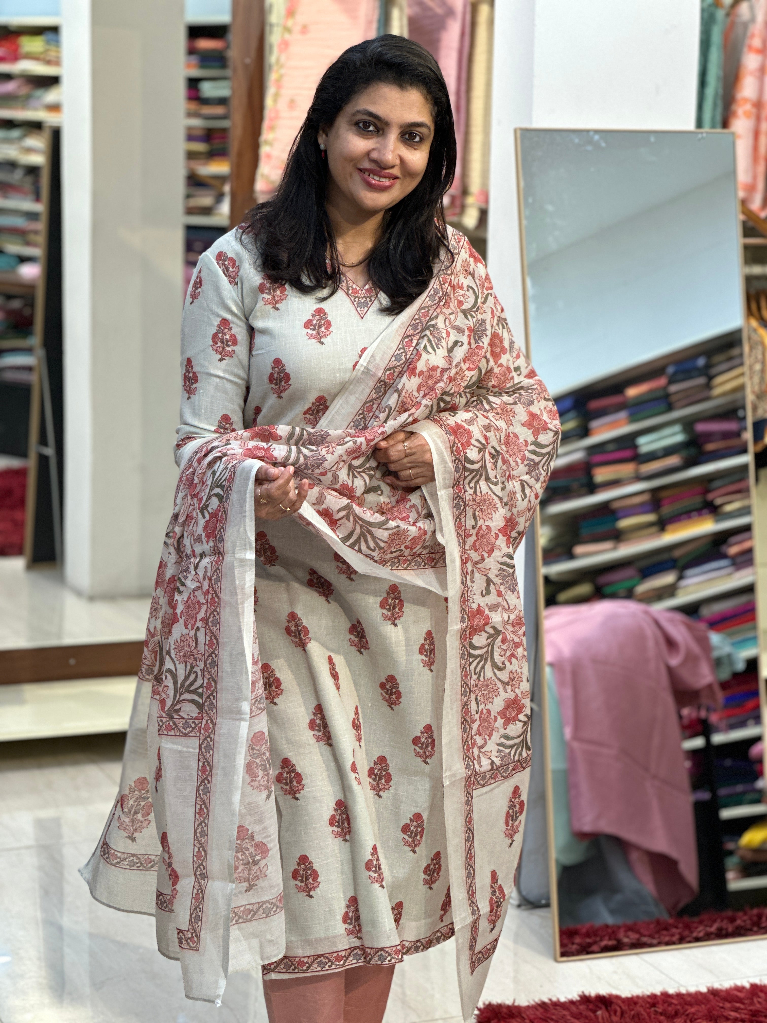 Floral Printed Linen-Cotton Unstitched Salwar Set (Without Bottom) | SSN482