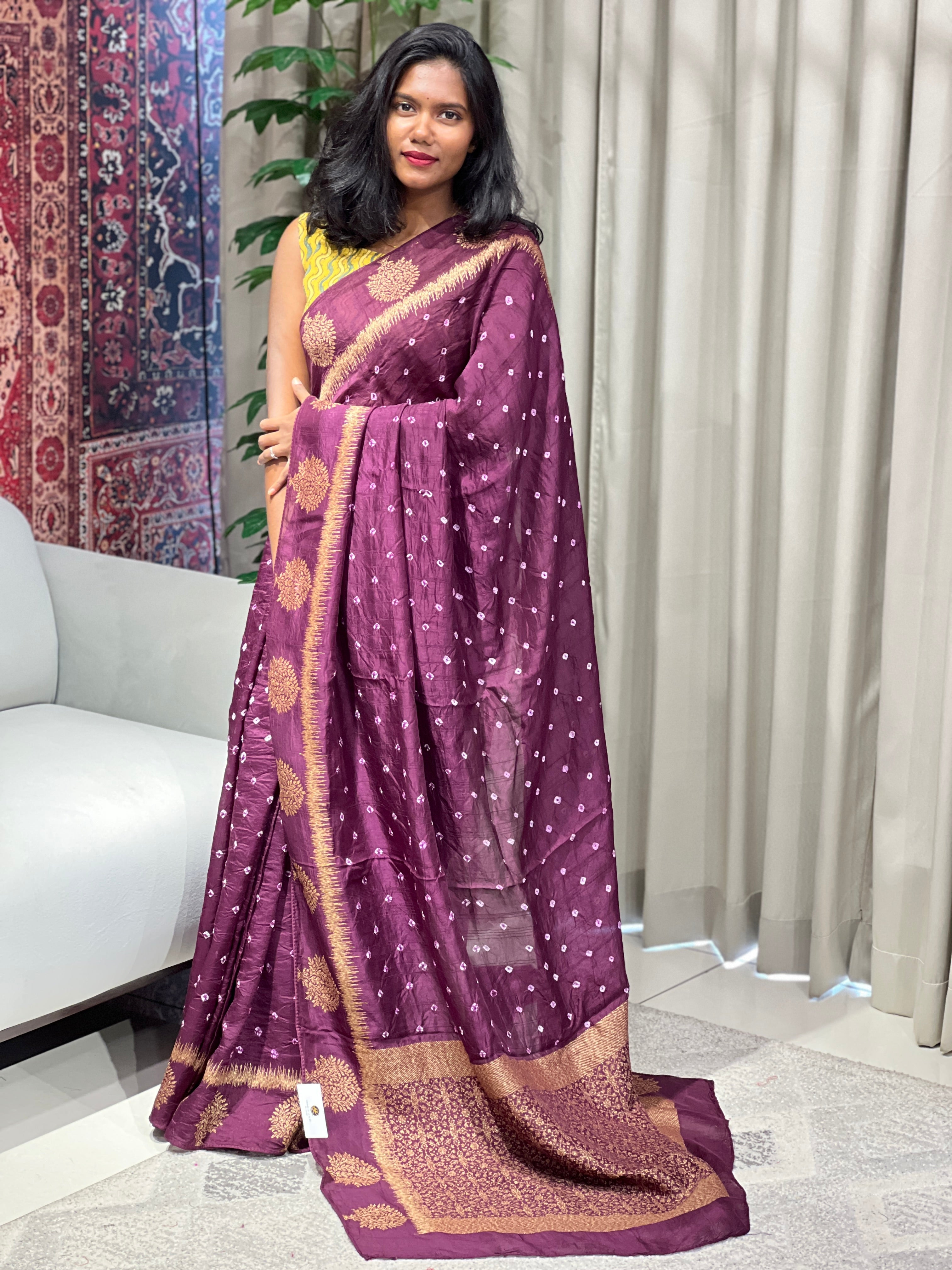 Bandhani Tie & Dye Patterned Banarasi Silk Saree | YNG655